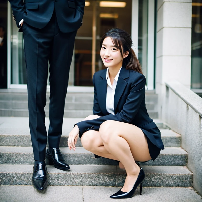 meeting、japanes、Job hunting female college student、Lower ponytail，A detailed face，beauitful face，suits、a miniskirt、sitting on，Black pumps，full bodyesbian