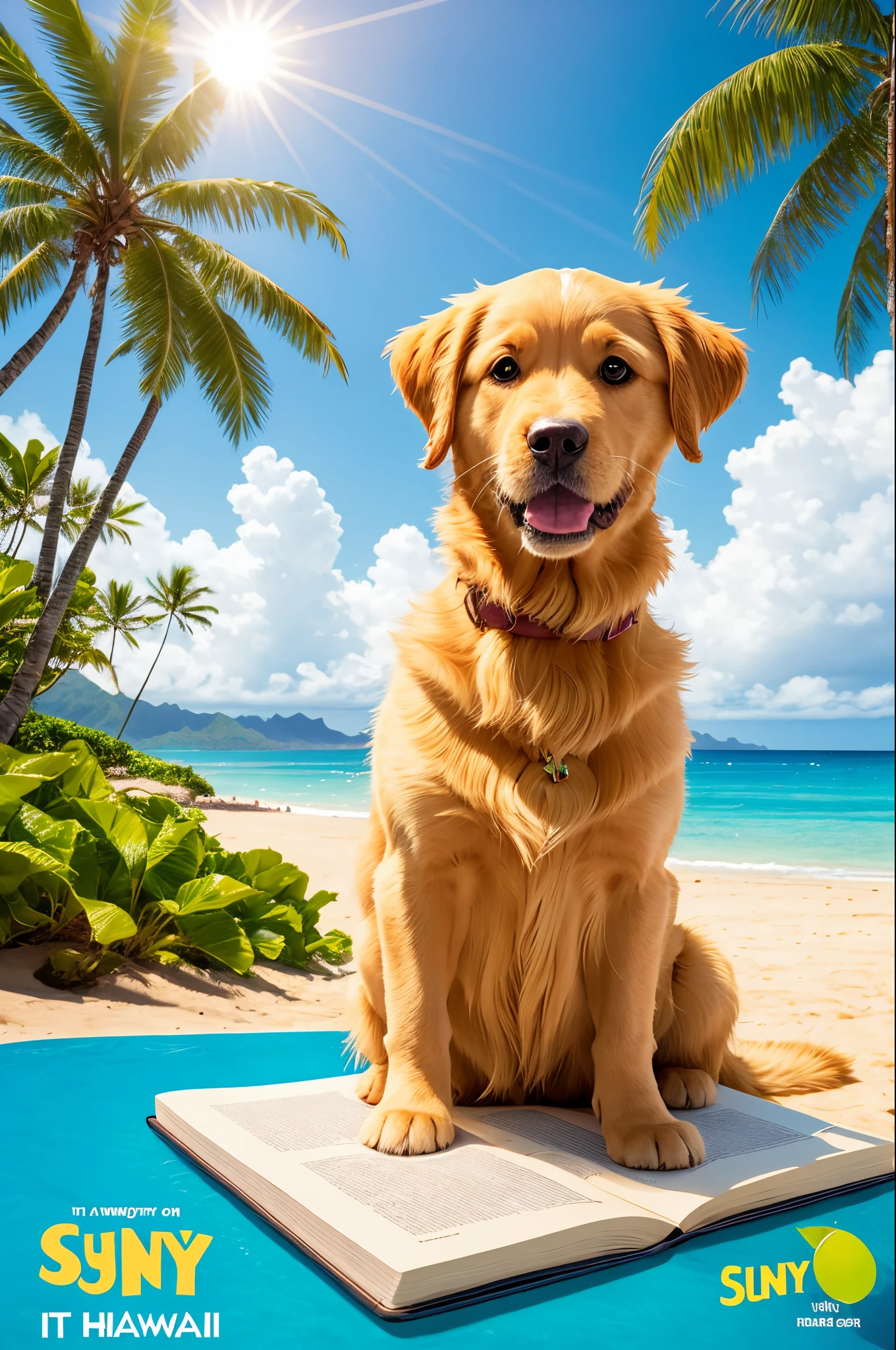 Golden retriever puppy on a tropical beach Pixar style book cover called Sunny in Hawaii
