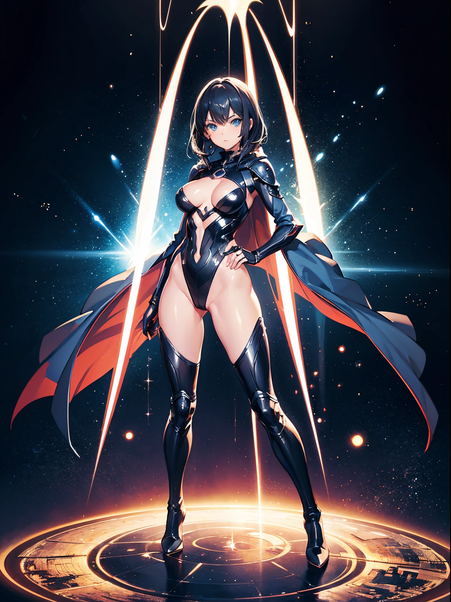 1girl, beautiful detailed eyes, superhero, mature woman, leotard, bare legs, boots, gloves, atoms, glowing body, light surrounding her body, light particles, space backdrop, standing, hand on hip, perfect anatomy, cowboy shot, full body shot, superpower.