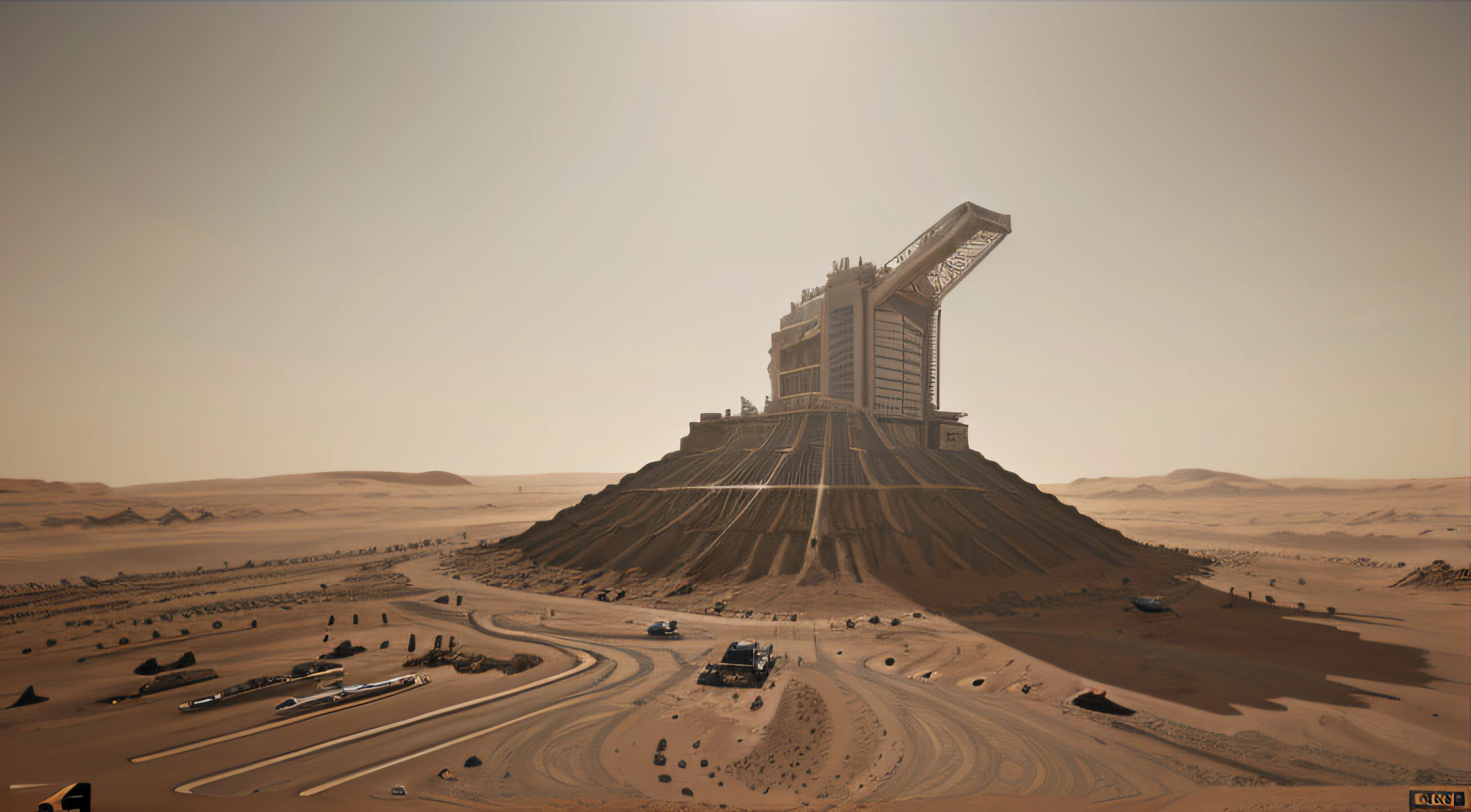 Large-scale building construction on Mars, technological robotic arms, metal details lifelike, ultra-realistic, bright, bird's-eye view, ultra-wide angle, high reality, light and dark