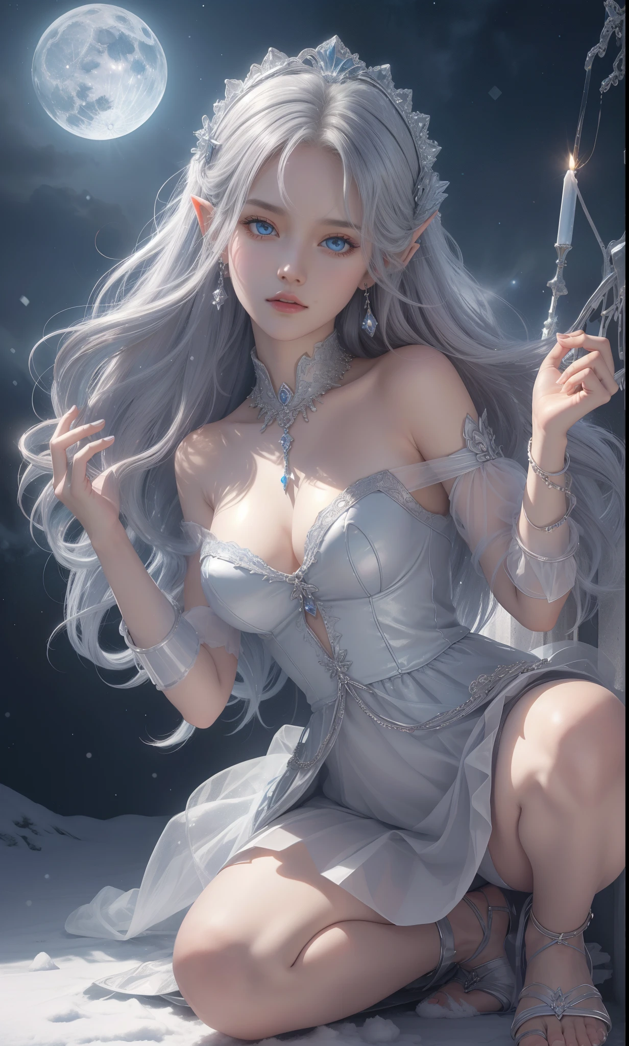 tmasterpiece,Highest image quality,Beautiful kneeling portrait of noble elf girl,Delicate silver hairstyle,clear sky blue eyes,Various well-made jewelry gauze skirts,heeled sandals,snowy desert,Moonlight super detailed,advanced。At the Pixiv Art Station,Break your own power,Luigi,Big breasts exposing cleavage,R-18G