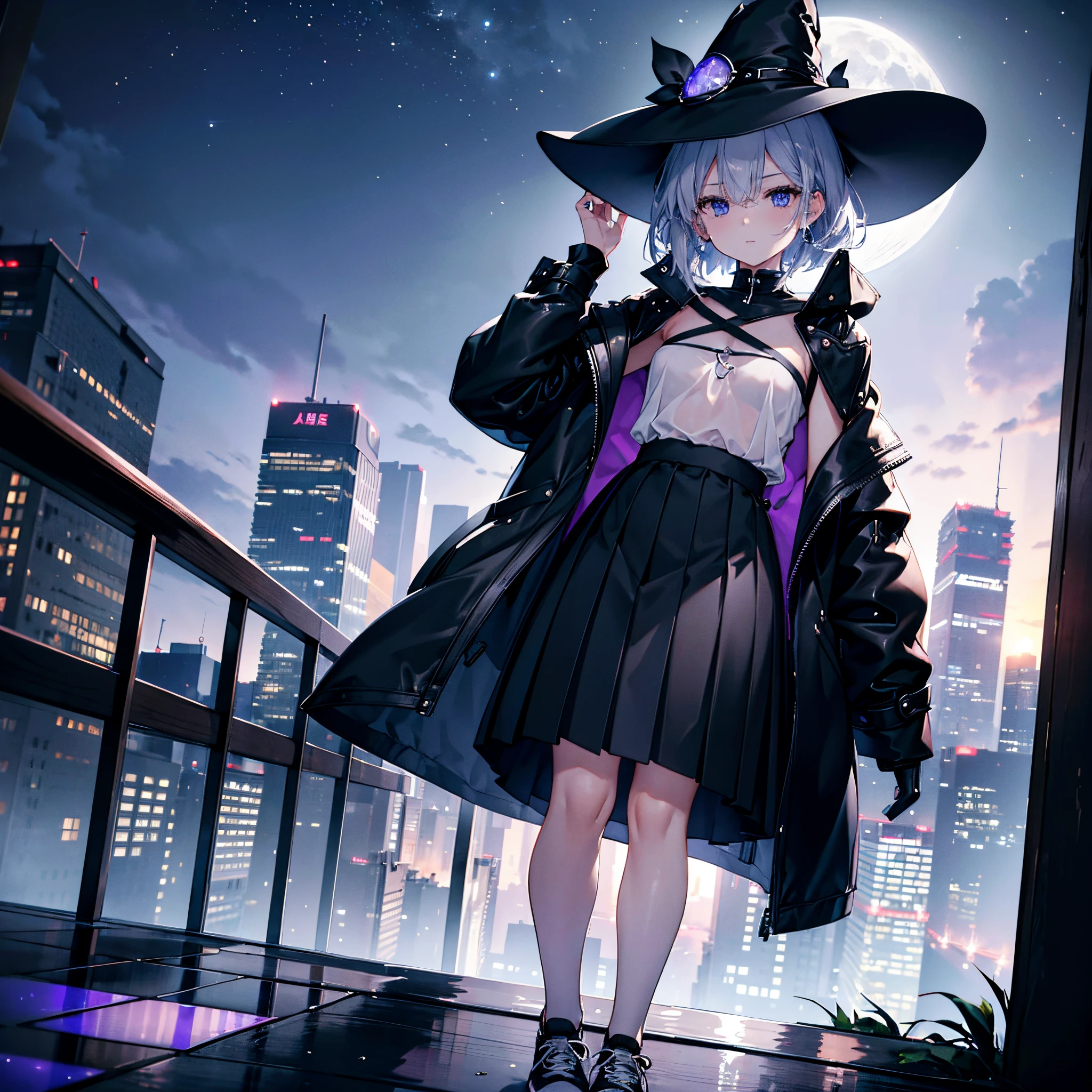 This is the rooftop of a skyscraper in Tokyo.、It's late at night now.、You can see the night view of many low buildings in the background.、Small moon and starry sky、You can see the beautiful sea with the moonlight reflecting in the distance.、Photograph her from an angle of 45 degrees above、One 27-year-old woman with small breasts、adult lady、Older sister、She wears a large black witch hat with sapphire accessories、Medium short silver hair with a purple mesh and a loose lob.、He is looking at me with a cool face and confused eyes.、Blue eyes with highlights、She is wearing a long black coat over a white t-shirt、White camisole、White bra、White bath towel、Black pleated skirt、Black sneakers with white shoelaces、she is a sniper、she carries a sniper rifle on her back、small tits、discreet breasts、full-shot、hiquality、High Details、high-level image quality、4K picture quality、beatiful backgrounds