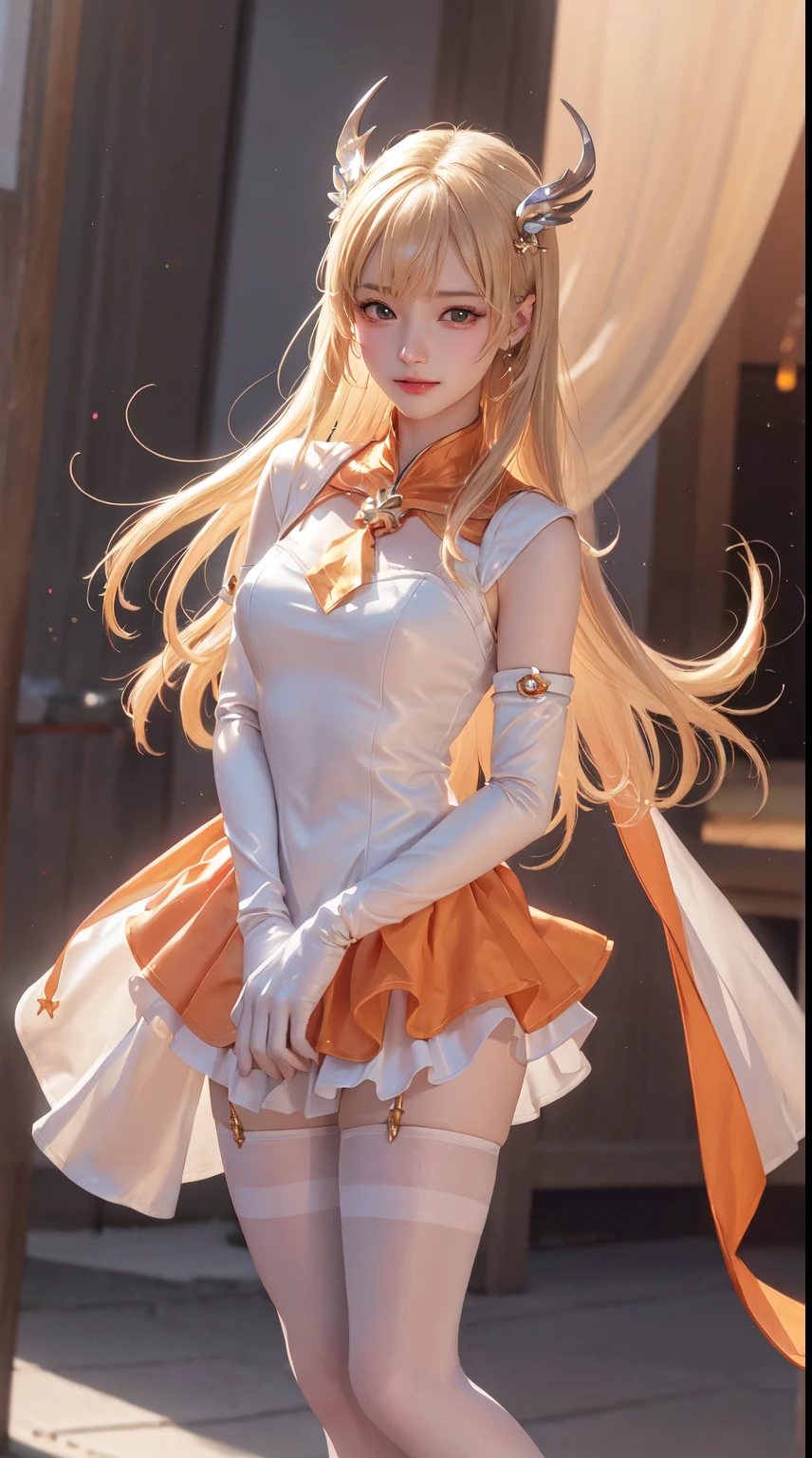 masterpiece, top-quality, A high resolution, SV1, sailor warrior uniform, one blonde, orangeskirt, gloves on the elbow,Elbow woods, Tira, Orange sailor collar, Sailor Venus, Orange collar, whitegloves, jewely,A smile, Minako Aino,, Skirt cracks, standing, white straitjacket,, Gorgeous fabrics, Leather texture, ssmile, Cinema lenses, beautiful ambiance, depth of fields, Manhwa Style, the watercolor style, Fluttering, ventania, Wind lift, shinny hair,