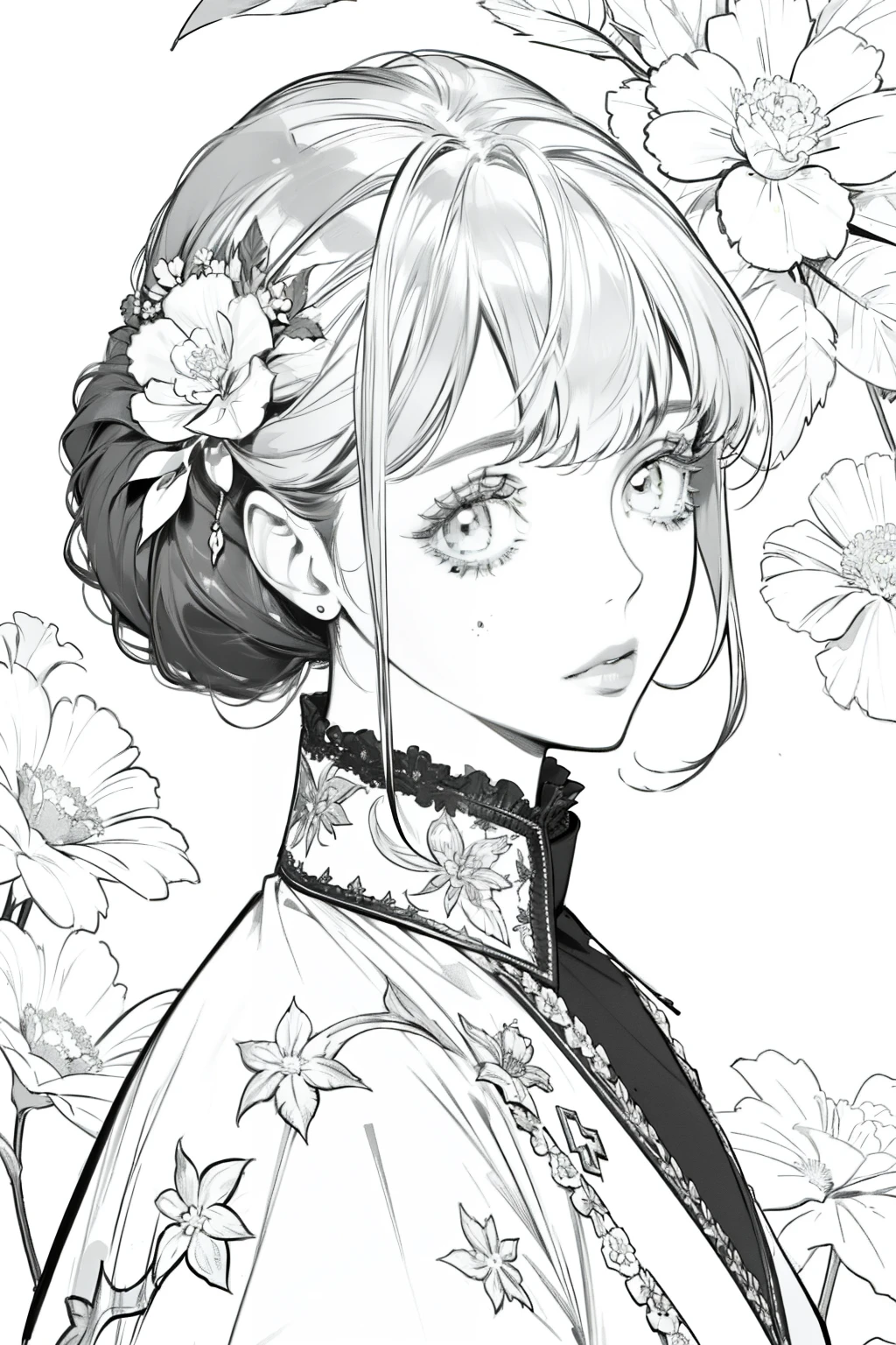 best quality, high resolution, detailed background, high contrast, 1 girl, close-up of the head, floral background, clean line drawings, vibrant colors