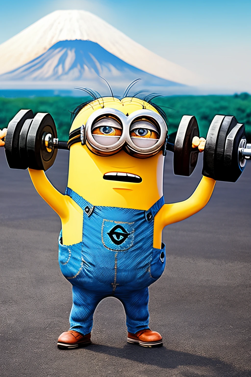 Minion lifting weights infront of an erupting volcano