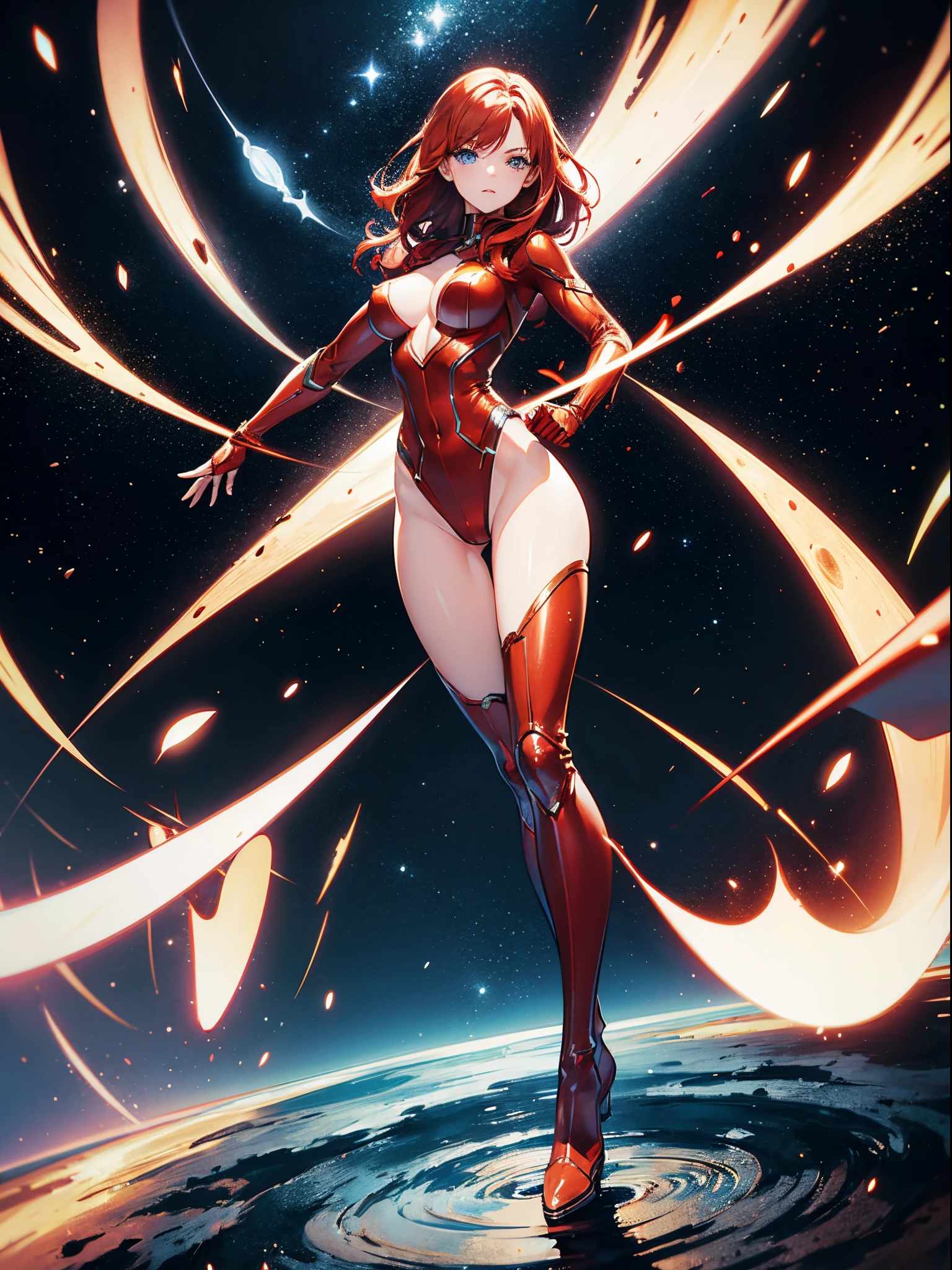 1girl, redhead, beautiful detailed eyes, superhero, mature woman, leotard, bare legs, boots, gloves, atoms, glowing body, light surrounding her body, light particles, space backdrop, standing, hand on hip, perfect anatomy, cowboy shot, full body shot, superpower.