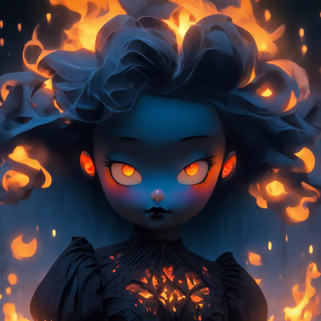 (best quality,highres,ultra-detailed,masterpiece:1.2),female goth porcelain doll,[glowing orange eyes],[flames for hair],porcelain skin,black Victorian-style dress,lace details,dark lipstick,pale complexion,delicate porcelain features,hauntingly beautiful,overgrown garden background,soft and ethereal lighting,subtle smoke effects