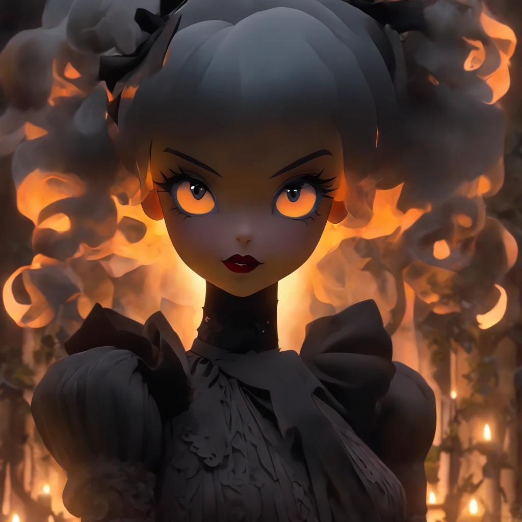 (best quality,highres,ultra-detailed,masterpiece:1.2),female goth porcelain doll,[glowing orange eyes],[flames for hair],porcelain skin,black Victorian-style dress,lace details,dark lipstick,pale complexion,delicate porcelain features,hauntingly beautiful,overgrown garden background,soft and ethereal lighting,subtle smoke effects