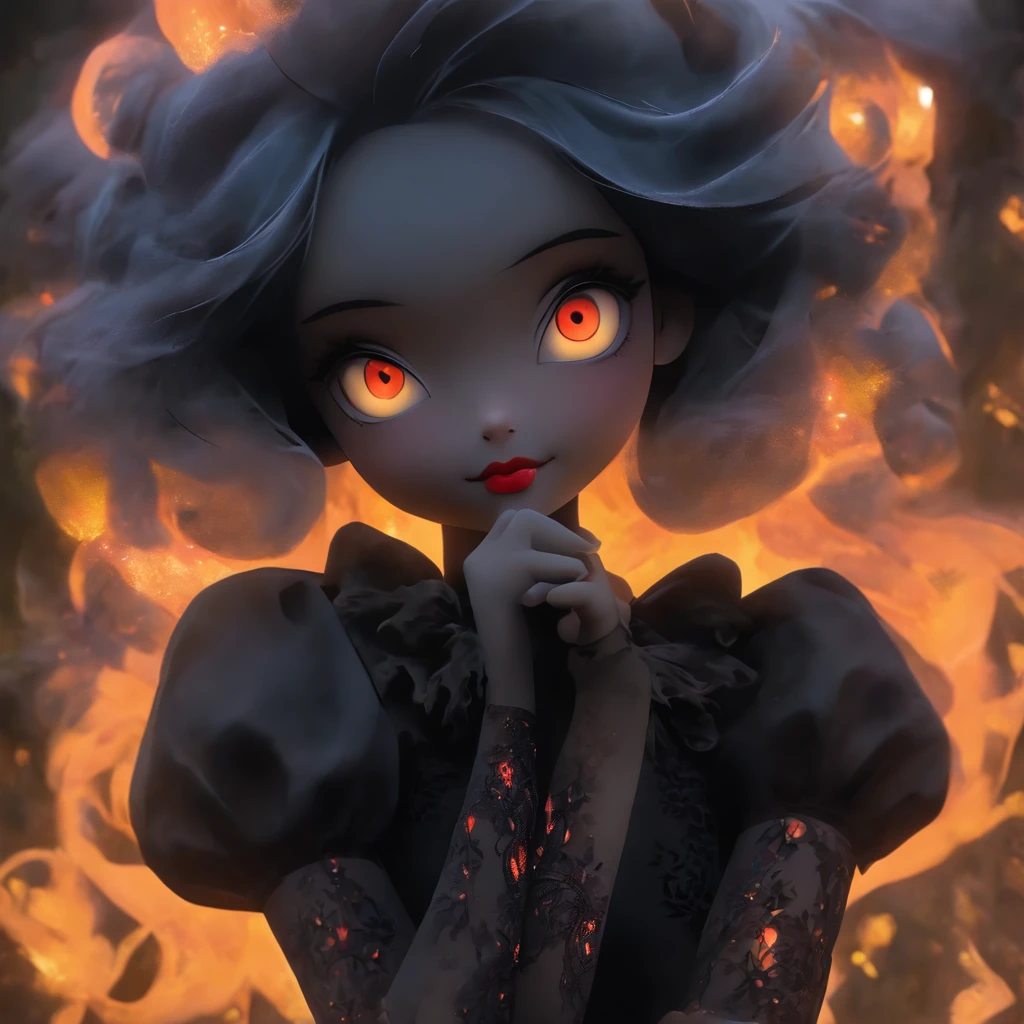 (best quality,highres,ultra-detailed,masterpiece:1.2),female goth porcelain doll,[glowing orange eyes],[flames for hair],porcelain skin,black Victorian-style dress,lace details,dark lipstick,pale complexion,delicate porcelain features,hauntingly beautiful,overgrown garden background,soft and ethereal lighting,subtle smoke effects