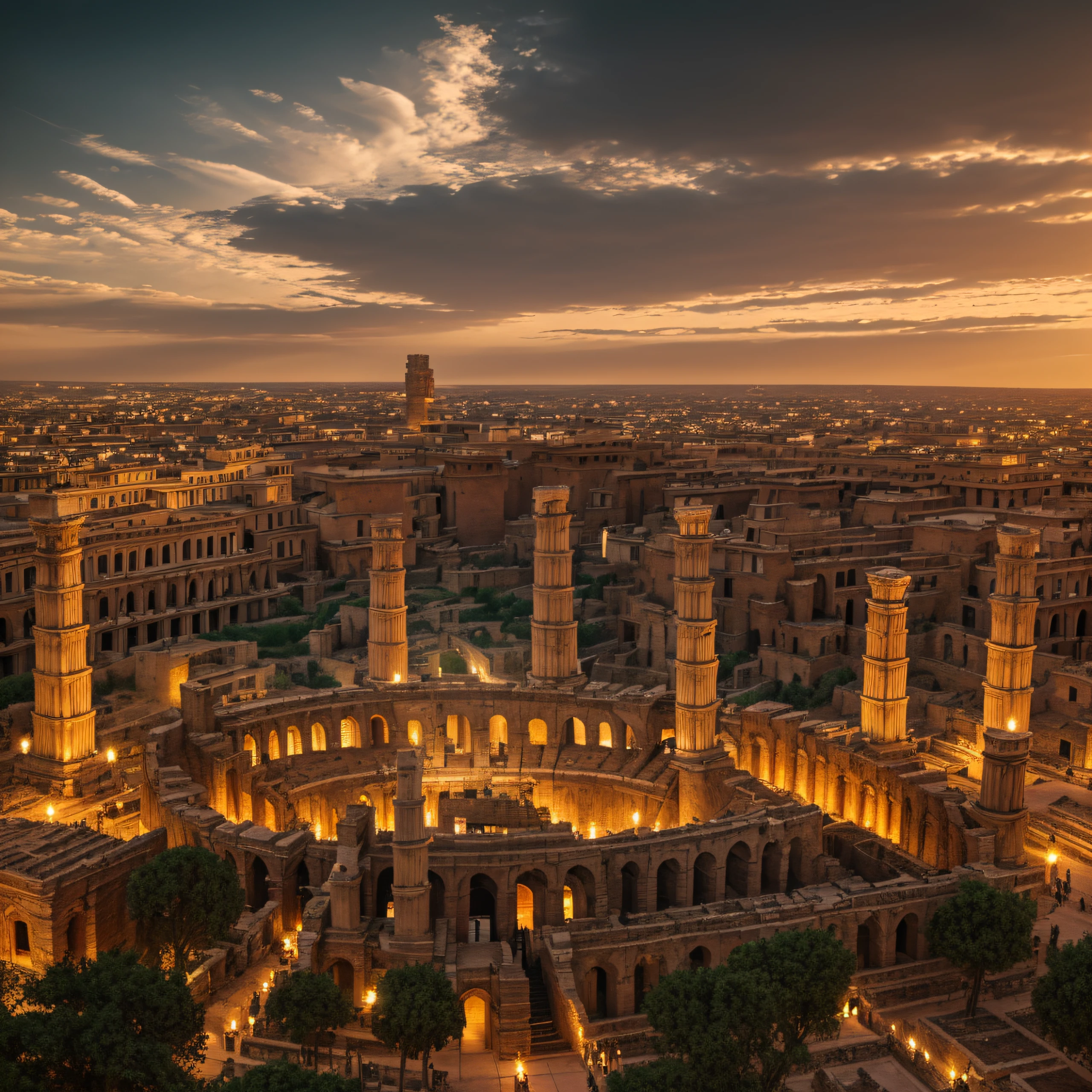 Produce an ultra-realistic, high-resolution image showcasing the ancient cities of Babylon, Media-Persia, and Rome in a cinematic style. Envision a dark, atmospheric backdrop that accentuates the grandeur and mystique of these historical metropolises. Render detailed and lifelike representations of iconic structures, such as the Hanging Gardens of Babylon, the majestic columns of Persepolis, and the imposing Colosseum of Rome, showcasing their architectural magnificence and historical significance. Use advanced techniques to infuse a sense of realism, incorporating intricate textures, lighting effects, and meticulous attention to detail. Create a dramatic and immersive atmosphere that transports viewers to these ancient civilizations, capturing the essence of their opulence, power, and cultural impact within a dark, cinematic setting.