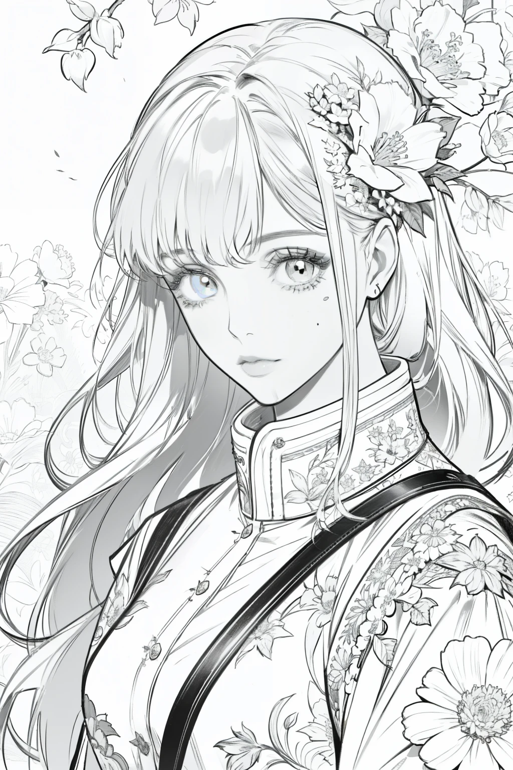 best quality, high resolution, detailed background, high contrast, 1 girl, close-up of the head, floral background, clean line drawings, vibrant colors