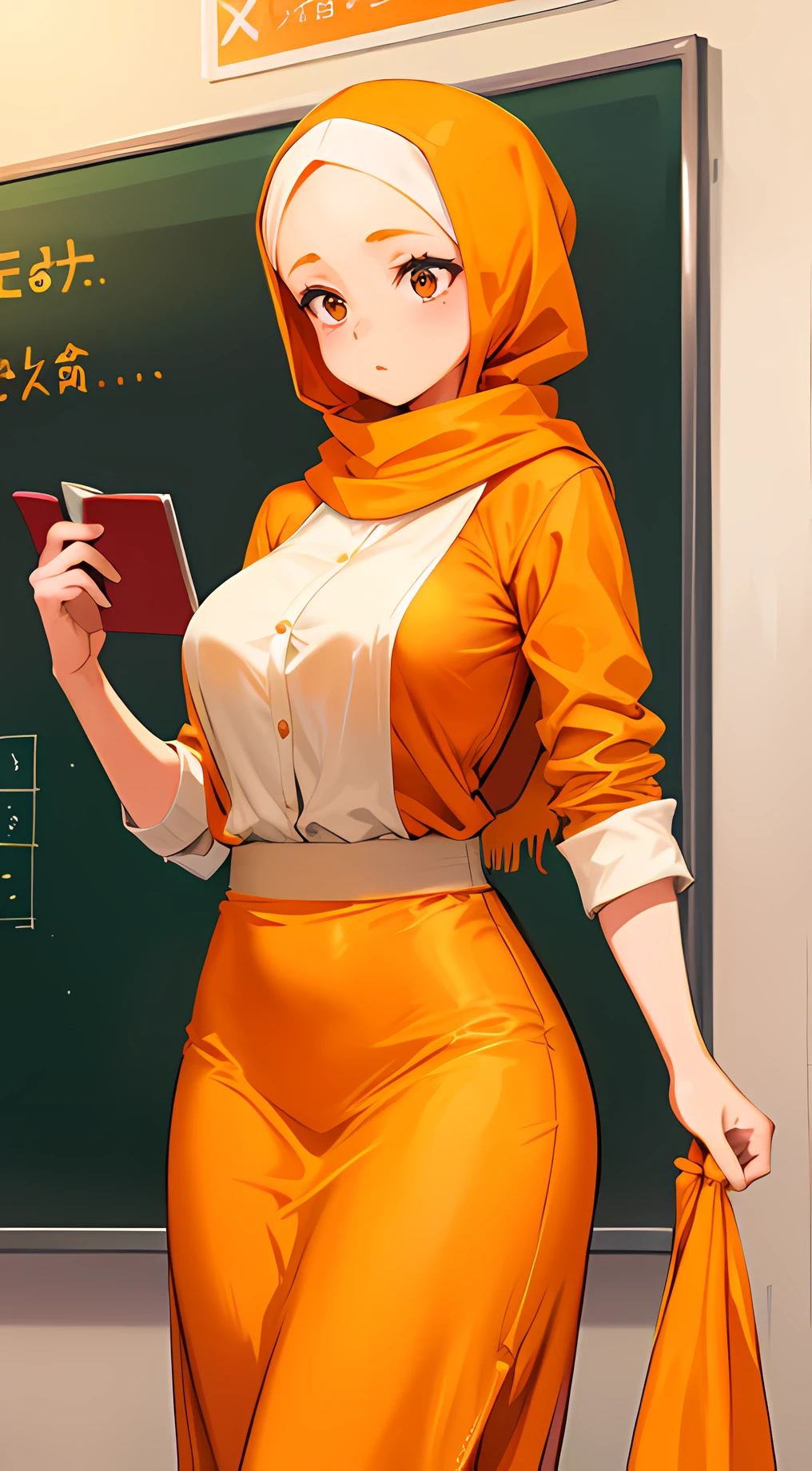 (best quality, masterpiece:1.2), ultra-detailed, ultra high res,
1girl, 
Teacher hijab,sexy,teacher,hijab,mask,
brown_eyes,peach red lips, 
teacher_long_white_clothes_mask_and long pants_outfit,super big_and soft_breast,(P cup),in_the classroom,hold_a_book_and_long_ruler,