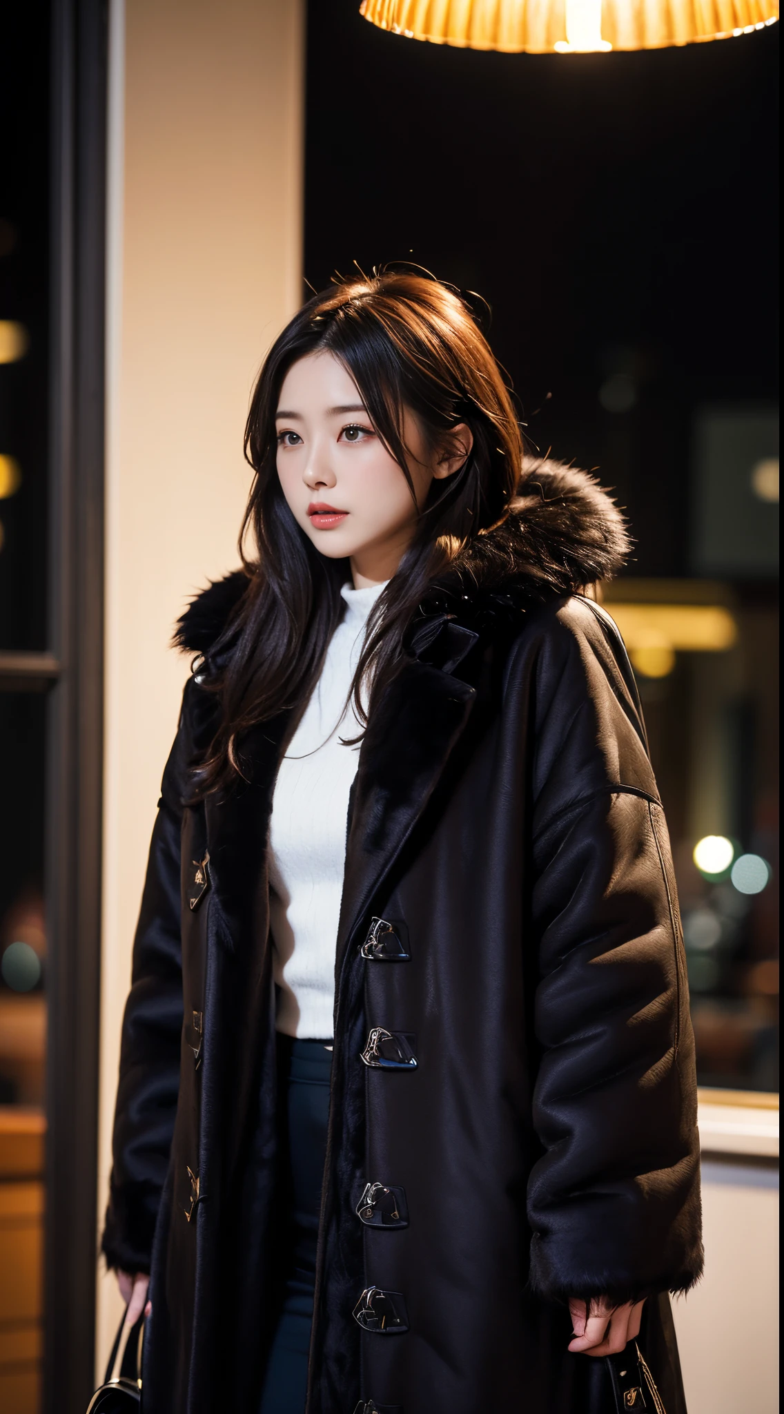 (fur long coat:1.4),Japanese beautiful woman、Complete top quality、Meeting background、Pitch-black space、Gods々lamplight