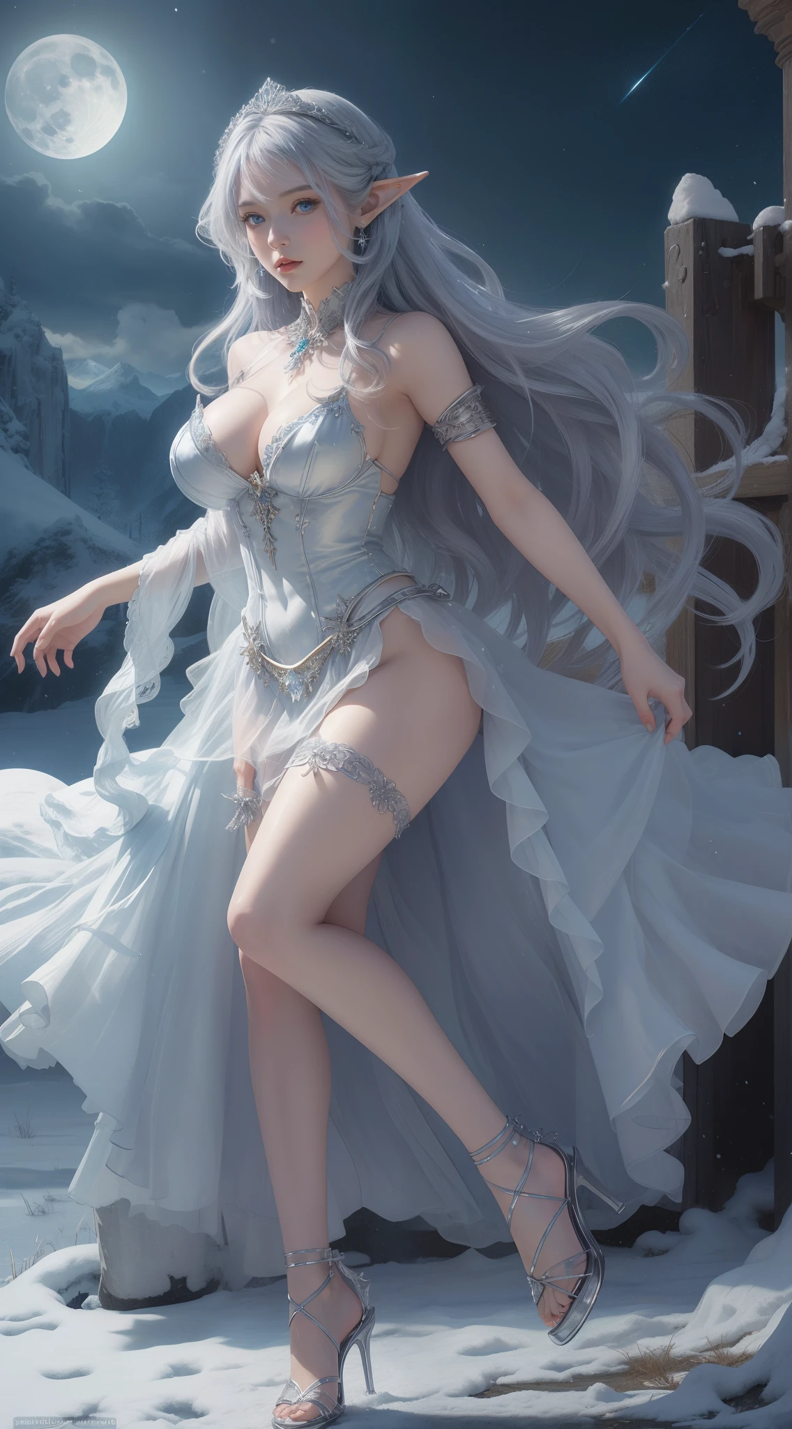 tmasterpiece,Highest image quality,Beautiful full body portrait of noble elf girl,Delicate silver hairstyle,clear sky blue eyes,Various well-made jewelry gauze skirts,heeled sandals,snowy desert,Moonlight super detailed,advanced。At the Pixiv Art Station,Break your own power,Luigi,Big breasts exposing cleavage,R-18G