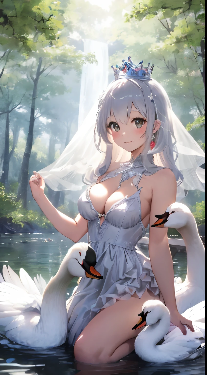 In a forest full of fantastic light,small lake,11 swans,A small crown rests on a swan&#39;Head of,The human princess in the middle,fluffy and voluminous hair,silver mixed hair, Light pink and light green,Pure white, glinting, A voluminous dress with frills on the chest,The hem of the dress is long enough to reach the ground.,Her chest is wide open and you can see her cleavage.,Dancing happily with the surrounding swans,Slight red tide,A smile,A silver shining tiara,Translucent veil,