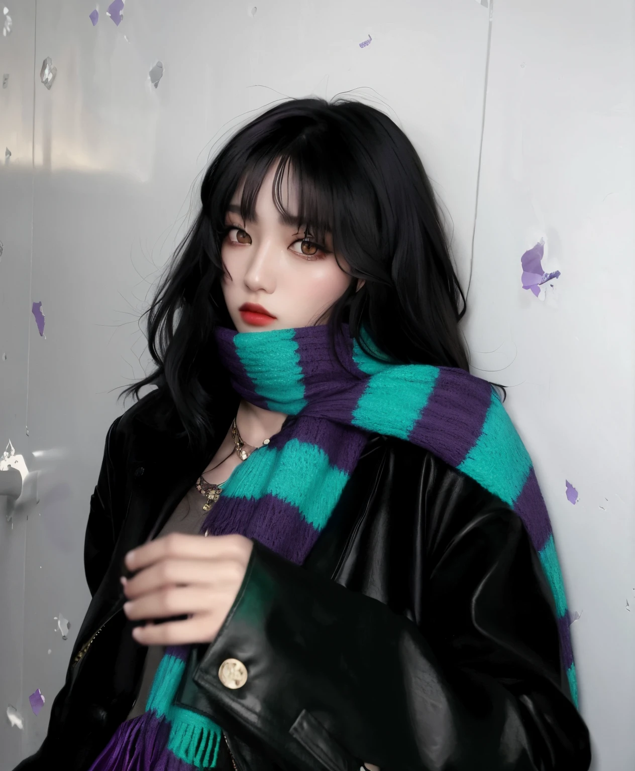 araffe woman wearing a scarf and a black jacket, ulzzang, goth girl aesthetic, scarf, 2 0 2 0 fashion, 🤤 girl portrait, cruel korean goth girl, inspired by Yanjun Cheng, some green and purple, she has black hair with bangs, green and black hair, jinyoung shin, grunge aesthetic, inspired by Russell Dongjun Lu