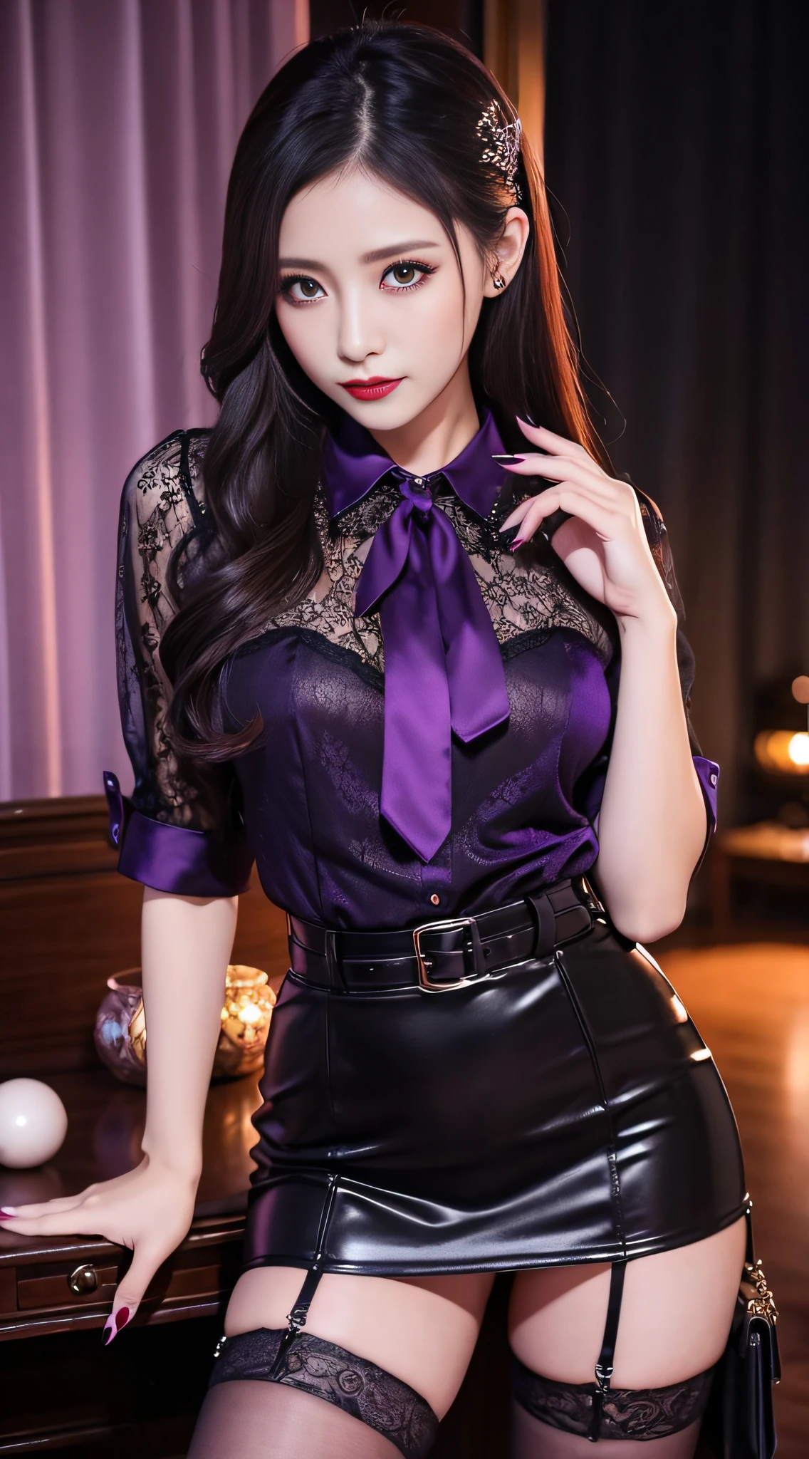 Charming beauties、校服、Evil Female Executive、blouse、tight skirts、Evil Fall、dark、brainwash、panthyhose、lacy fabric、Glossy legs、lipsticks、purple nail polish、Evil look、Suspicious look、darkened room、Night、wicked、Dick、Dick、jingle、Male genitalia