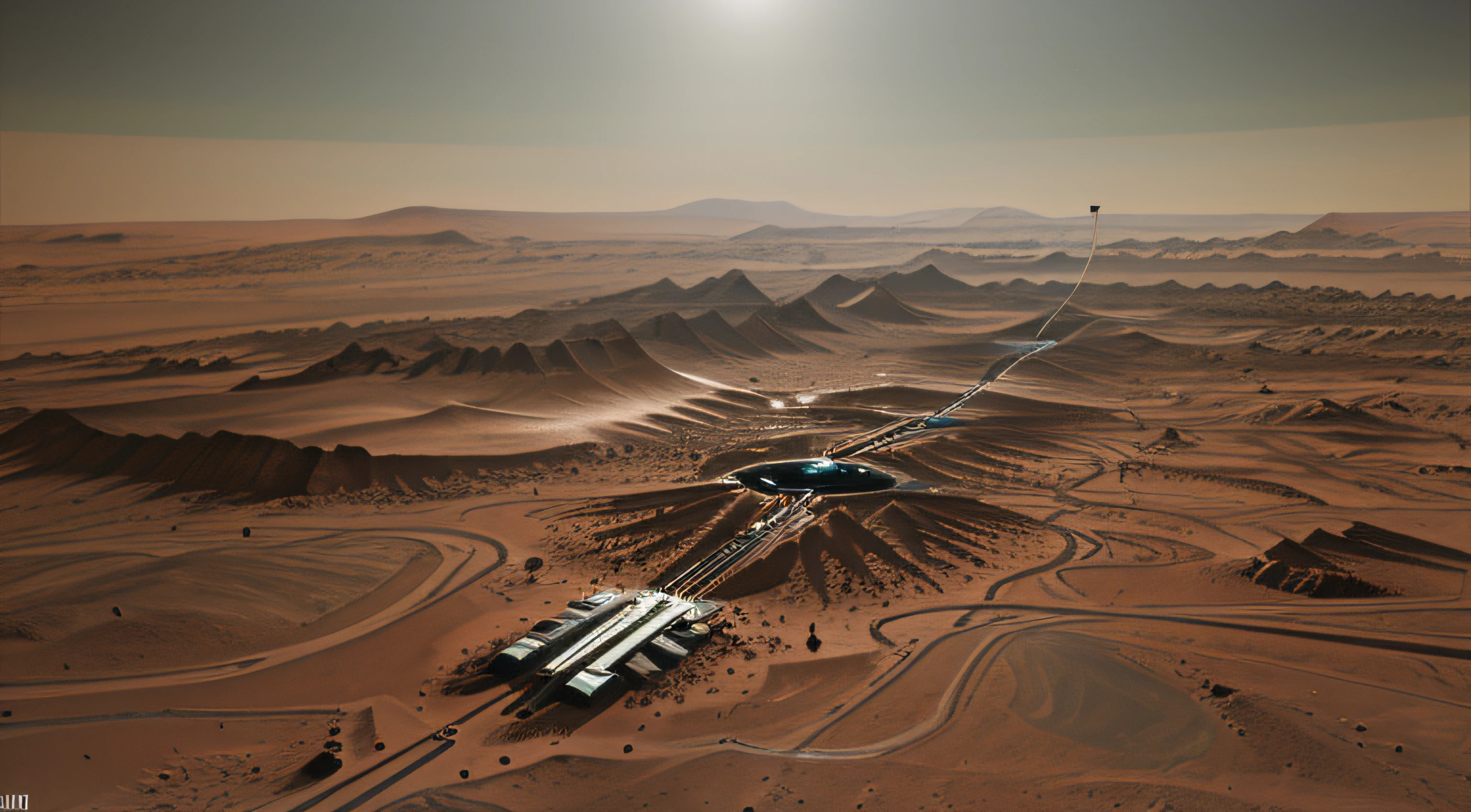 A extra wide desert with a future city , a lot of glass 