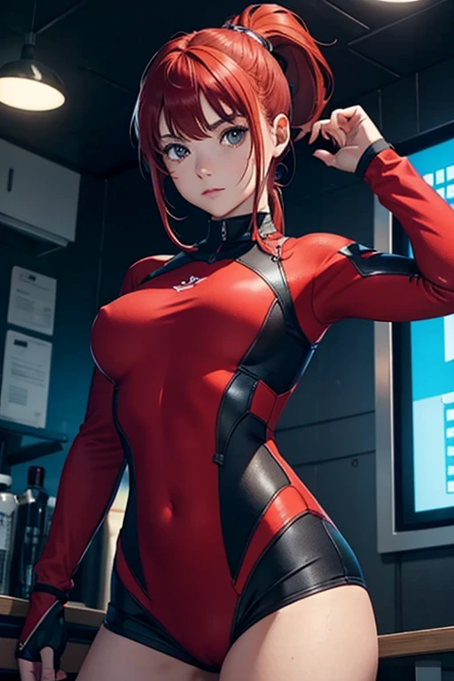 1girl, solo, , red hair, high ponytail, looking at viewer, tight cybersuit. Athletic build, medium breasts