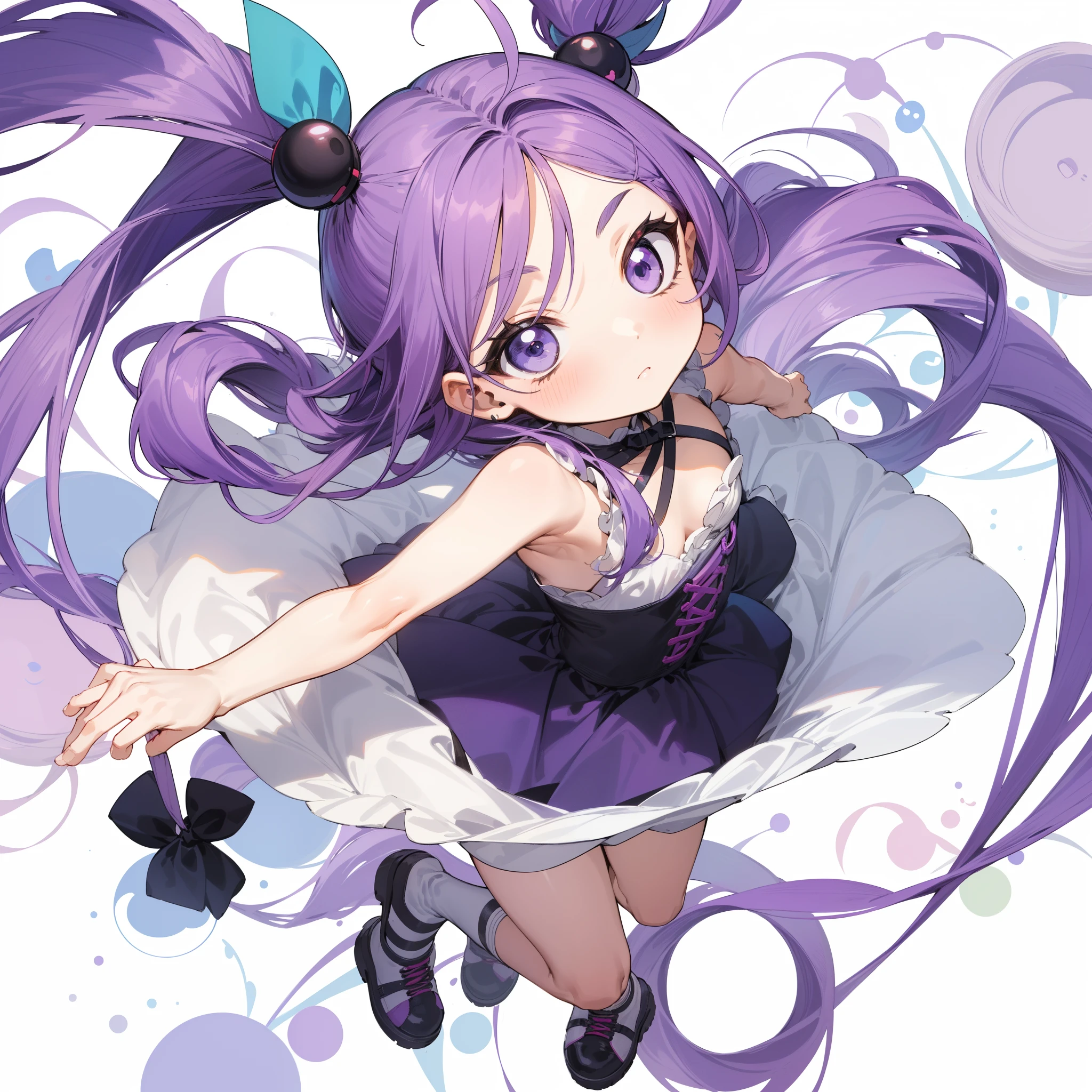 masterpiece, beautiful illustrations, highest quality, an anime-style female character with large, expressive turquoise eyes and long, wavy lavender hair that cascades past her shoulders. She has a fair complexion and a delicate, slightly blushed face with a small, soft smile. Her attire consists of a dark sleeveless dress with a high collar and two light-colored buttons on the front. The character's pose is relaxed, with one arm resting on her knee, suggesting a casual and approachable demeanor.