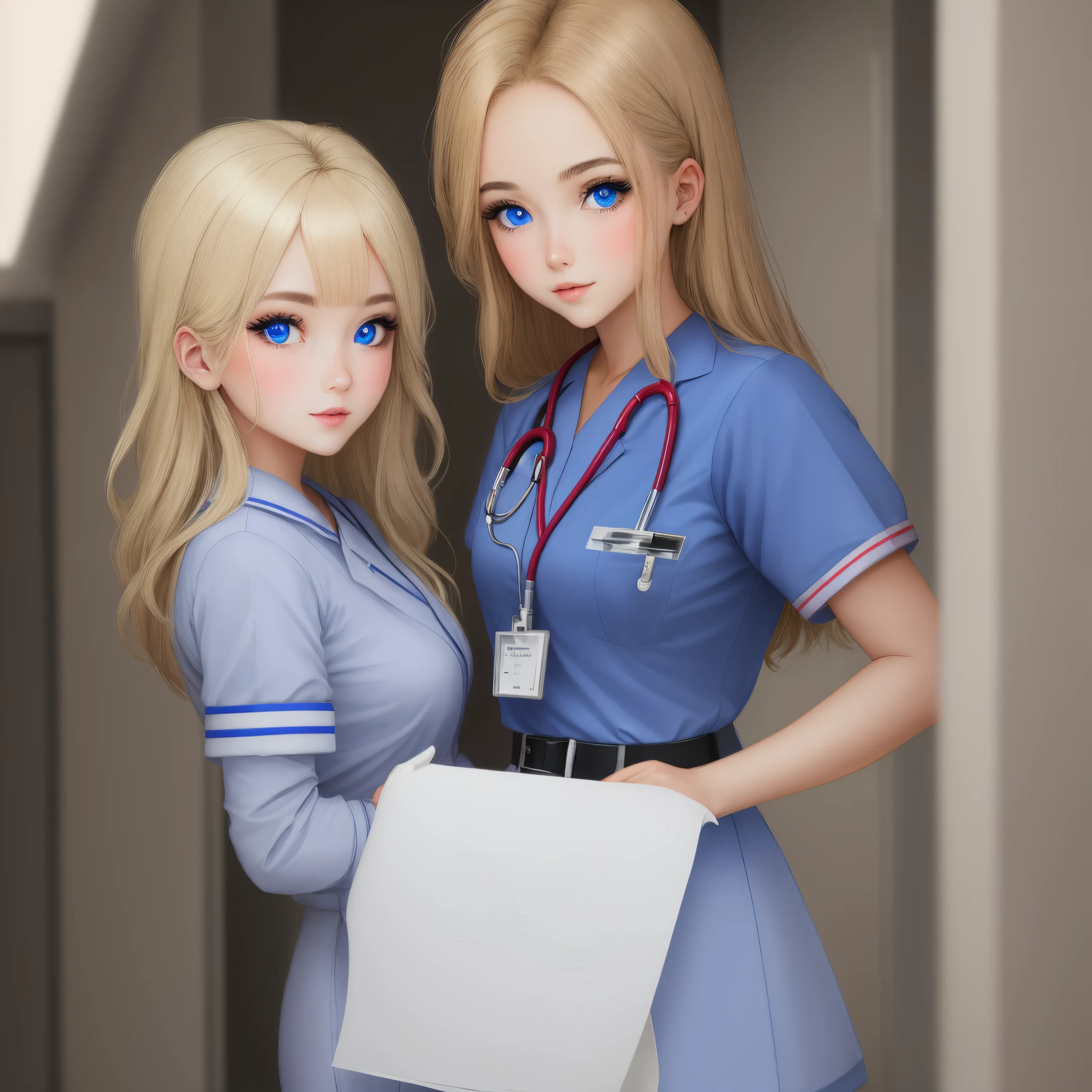 blonde haired blue eye girl in nurse outfit