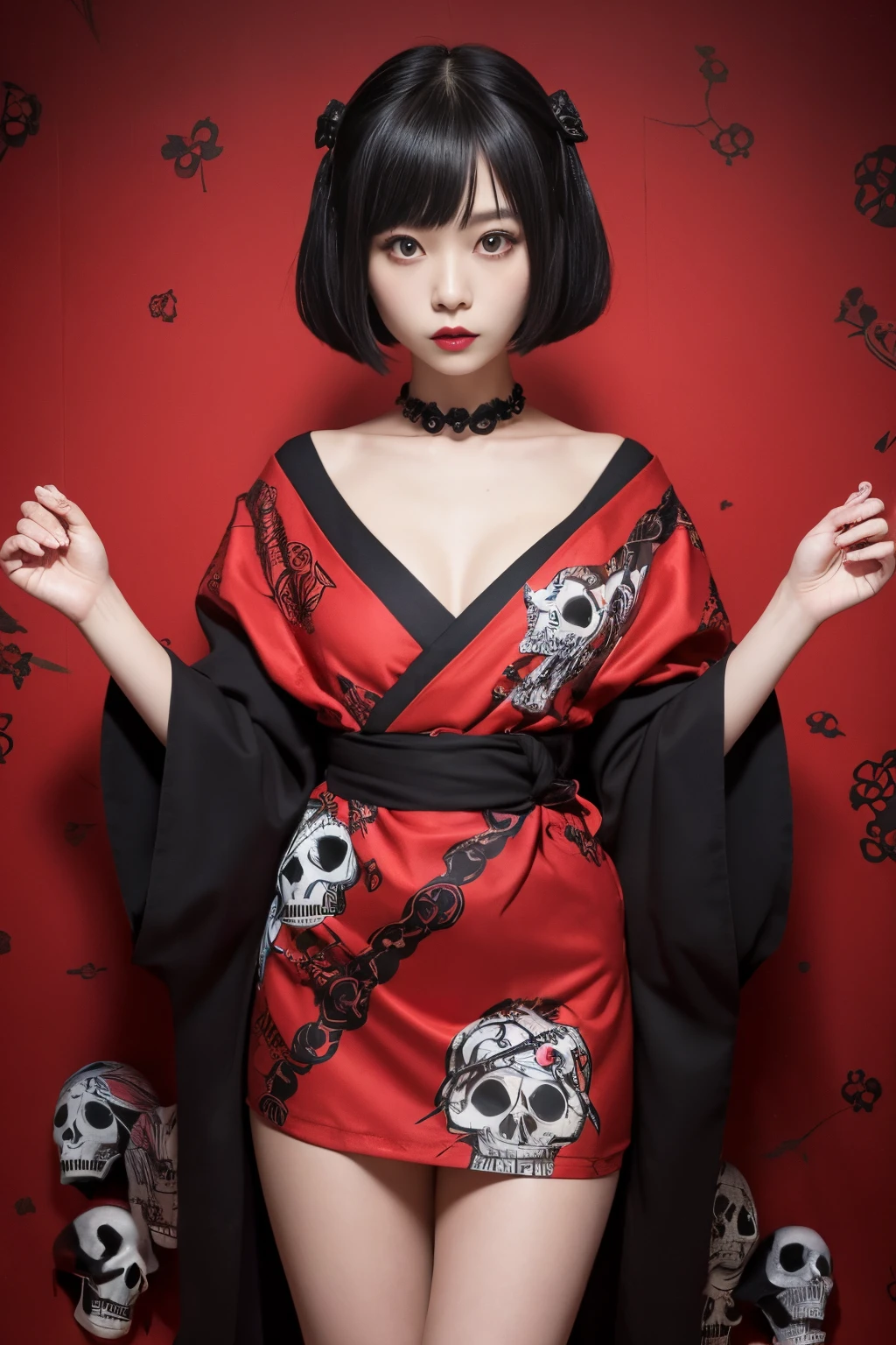 highly detailed linework reminiscent of Carne Griffiths, imbued with Wadim Kashim's bold color and texture, light and airy as Carl Larsson's compositions, sexy skull masked samurai. wearing knee-hight boots, high boots, eye liner, beautiful sexy chinese black short qipao, sexy qipao, red highlights. dark fantasy, featuring Pascal Blanche-style hyper-realistic characters, pastel, elegance, dramatic lighting, expressive camera angle, matte, concept art <lora:add-detail-xl:1> <lora:beautiful_girl_ver2:0.8> majicmix_style