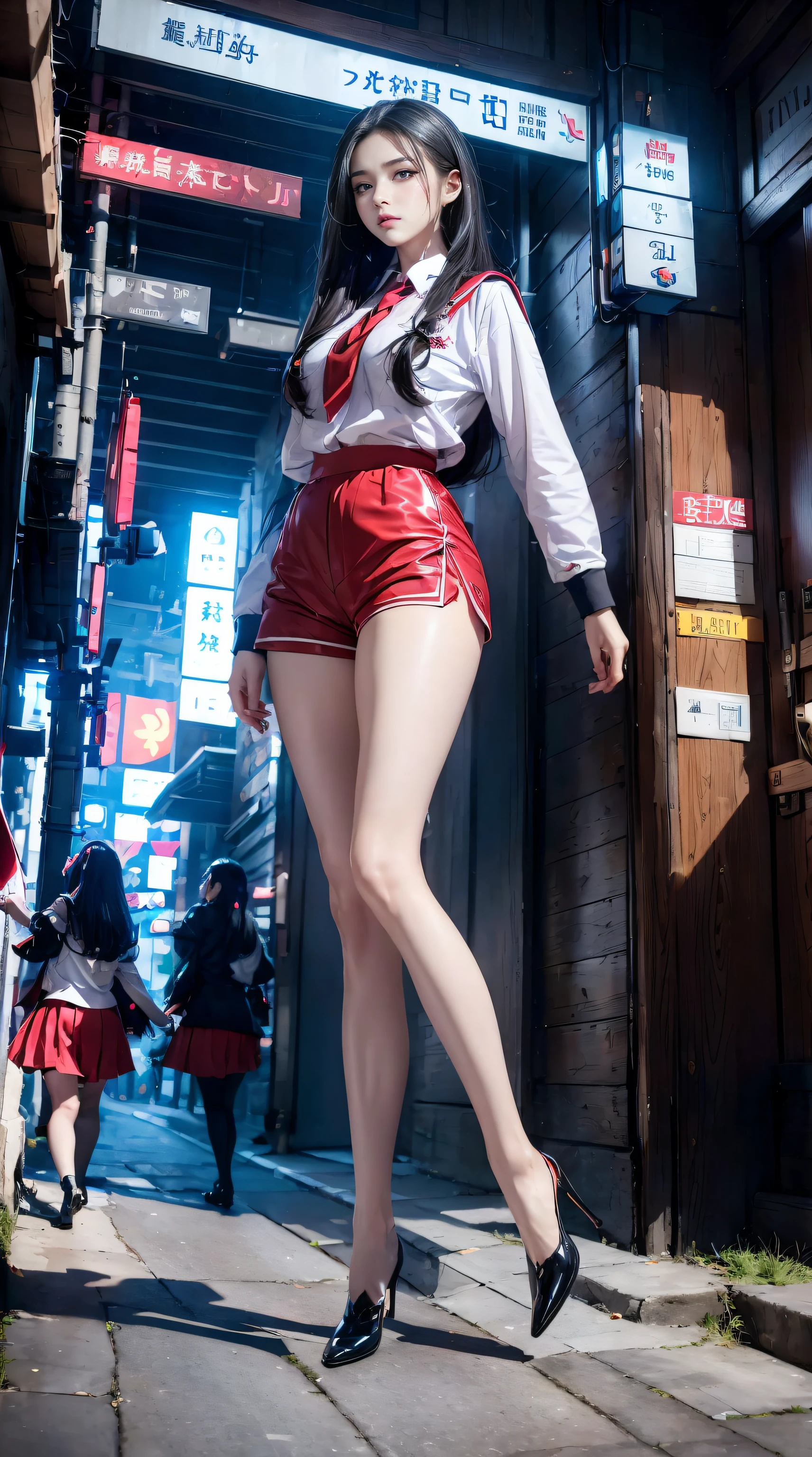 tmasterpiece,Best quality,A high resolution, 1 plump girl,from below,(The legs are very thin and straight),,(The legs are long,Straight legs),,high-heels,long leges,Stood up, Leg length when viewed from the front, perfect body figure,Have perfect legs,(luring),Full body lesbian,cyber punk personage,dynamicposes,1 plump girl,Elaborate Eyes,Brown eyes,eye shadows,putting makeup on,Long gray hair, Detailed faces, A detailed eye, looking at viewert, blush blush\(putting makeup on\), full pouty lips, Redlip,(Long gray hair:1.3), (Stood up)Mechanically static,Mechanical summoning,(hair adornments:1.1),((((red school uniform,Ultra shorts)))),(blackstockings),城市,Luminescent windings,,Cyberpunk lights:1.1),neonlight,Fully mechanical and futuristic elements,technologies,The background is a traditional Chinese street,china city, the street, sky sky, cyber punk personage, paper lanterns, Neon Super Resolution,(真实感:1.3),1(Slim:1.2),dramatic lights,vibrant detail,Luxury cyberpunk,the complex background,Rendered by Octane,