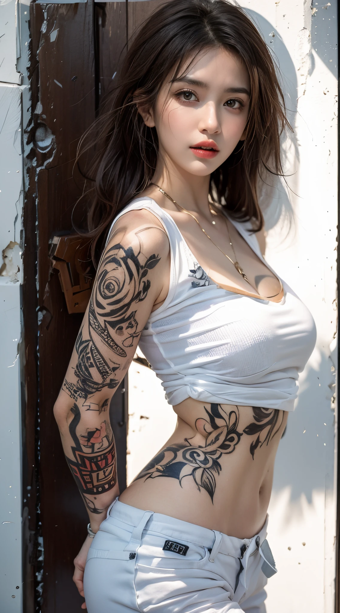 realistically, high resolution, soft light lighting,1 woman, alone, butt lift, shiny skin, (Detailed faces), jewelry, Tattoos are