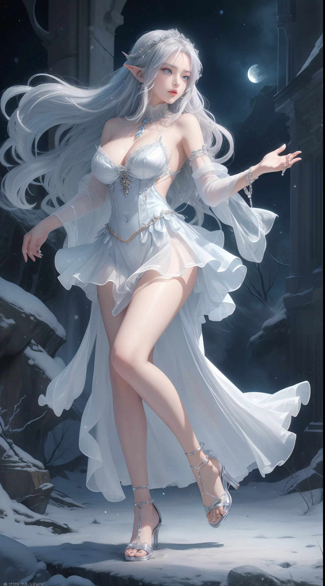 tmasterpiece，Highest image quality，Beautiful full body portrait of noble elf girl，Delicate silver hairstyle，clear sky blue eyes，Various well-made jewelry gauze skirts，heeled sandals，snowy desert，Moonlight super detailed，advanced。At the Pixiv Art Station，Break your own power，Luigi，Big breasts exposing cleavage，R-18G