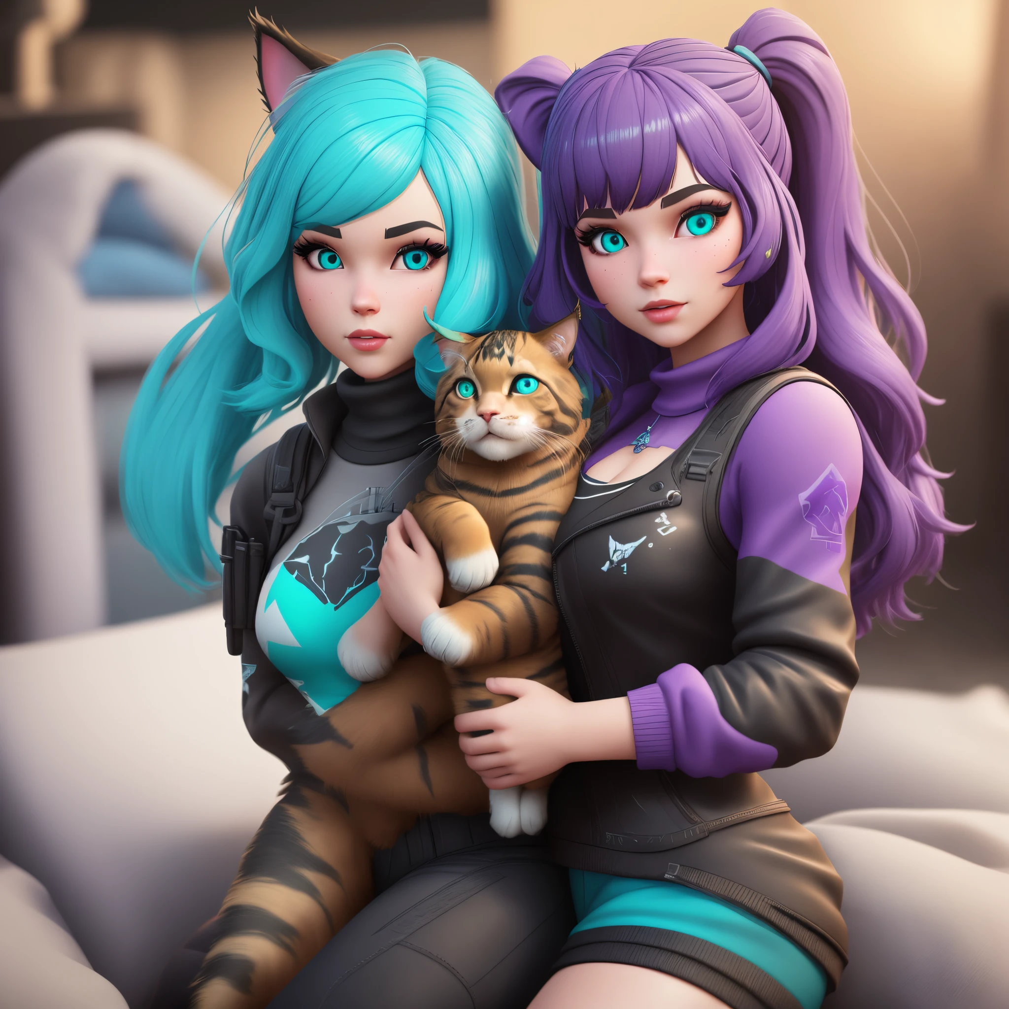 3d female fortnite skin with purple medium length hair with bangs and turquoise eyes holding a maine coon cat