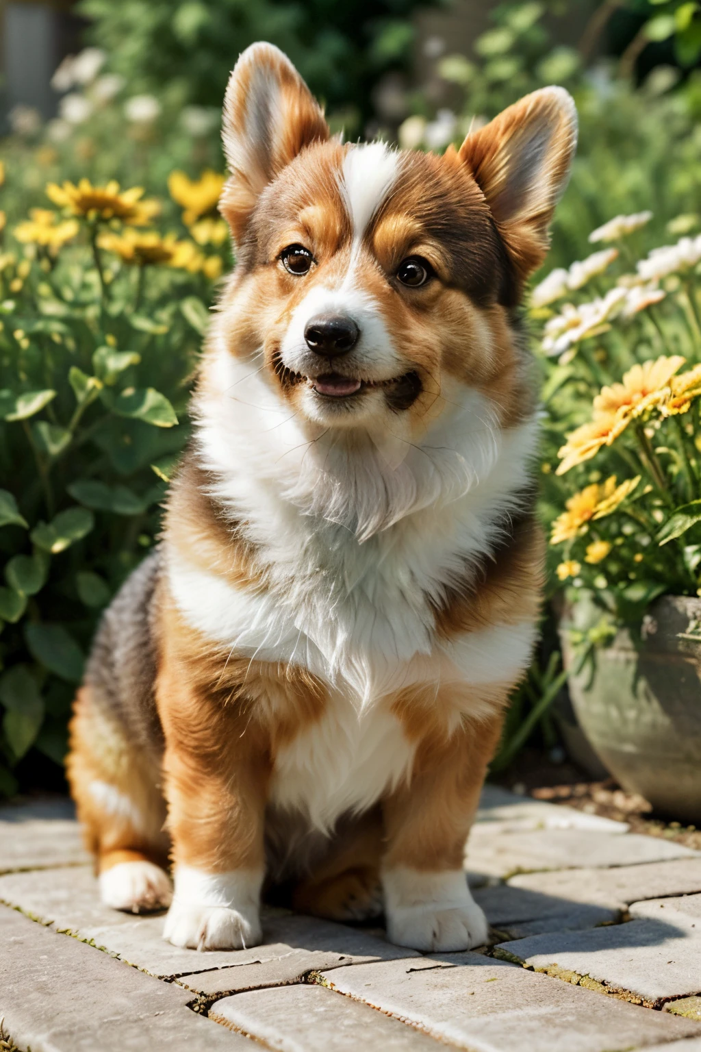 create Wallpaper
    style: realistic
    dimensions: 2778 x 1284 pixel
    elements: cute, fluffy, brown, short, corgi
    color palette: Sunny, Warm
    mood: Happy
    focus: capture the serenity and beauty of the Garden