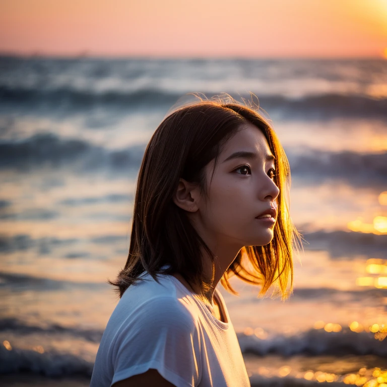 Profile looking at the sea、deadpan、sea side、((vague))(Off-beach、)(a very delicate and beautiful)、((Sit down))((The background feels dark))、a very delicate and beautiful)、(Golden hair)(Pulling angle)(tshirts)、dynamic ungle、portlate)、(smooth hair)、(Big eyes)Beautiful expression、de pele branca、depth of fields、radiant lips、irate、(mournful)Sunset background、