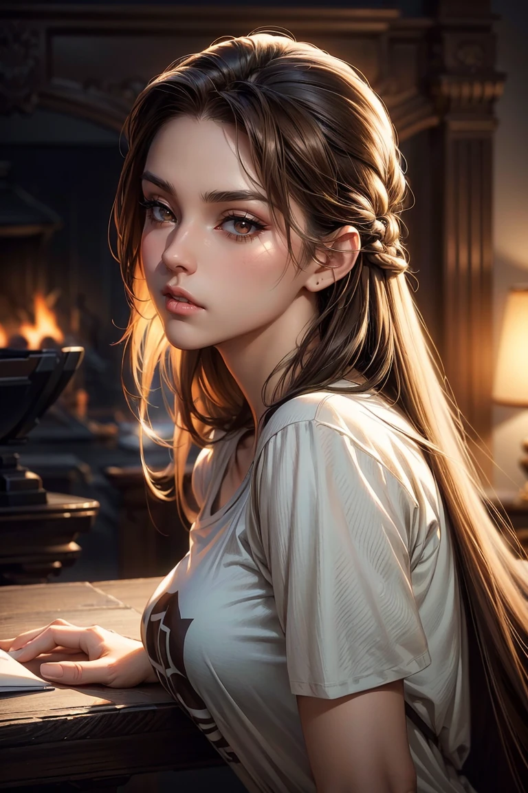 ((A couple in love)), ((woman with long brown hair dressed in a t-shirt)), sitting by a fireplace with ((a masculine man with short blonde hair dressed in a t-shirt)), (((kissing))), eyes closed, hair with many details, 8k artgerm bokeh, fanart best artstation, render photorealistic, guweiz-style art, inspired by WLOP, ig model | artgerm, detailed waist up portrait, stunning wais t up portrait of realistic face, beautiful waist up portrait, deviantart artstation cgscosiety, cinematic realistic portrait, high quality portrait, elegant digital painting, photorealistic artstyle, ((dimly lit living background))