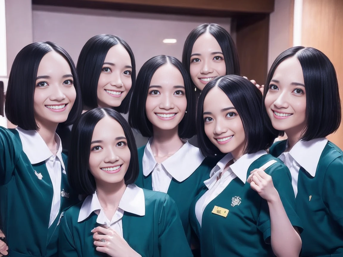 a picture、multiple girls,5girls、Same face, matching school uniform、5 cute girls with long black hair and big breasts、a smile、selfee、‎Classroom、Raw photo、The same face、same person