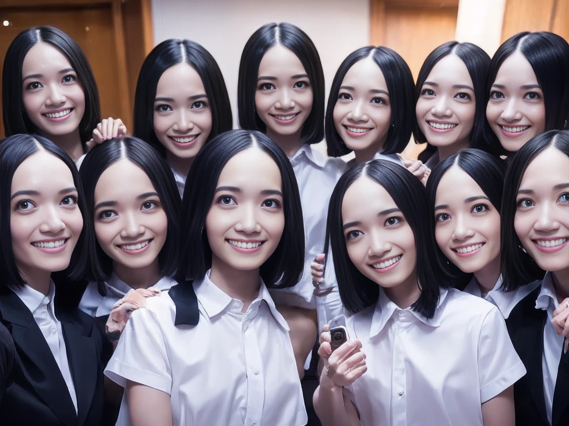 a picture、multiple girls,5girls、Same face, matching school uniform、5 cute girls with long black hair and big breasts、a smile、selfee、‎Classroom、Raw photo、The same face、same person