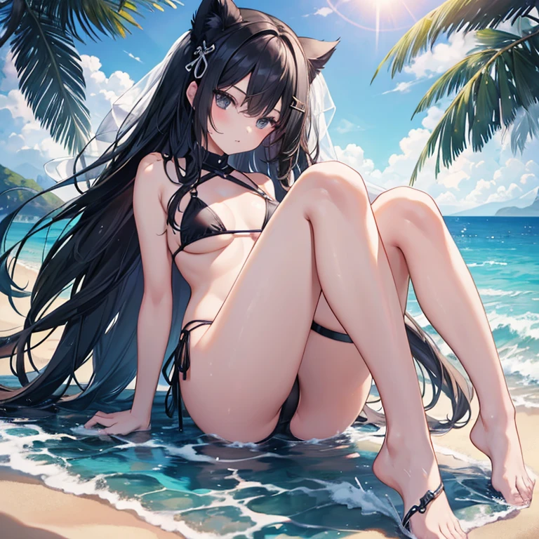 top-quality masuter piece The highest resolution s girl Glamour Black eyes A dark-haired The long-haired Black Micro Bikini open the legs widely sand beach
