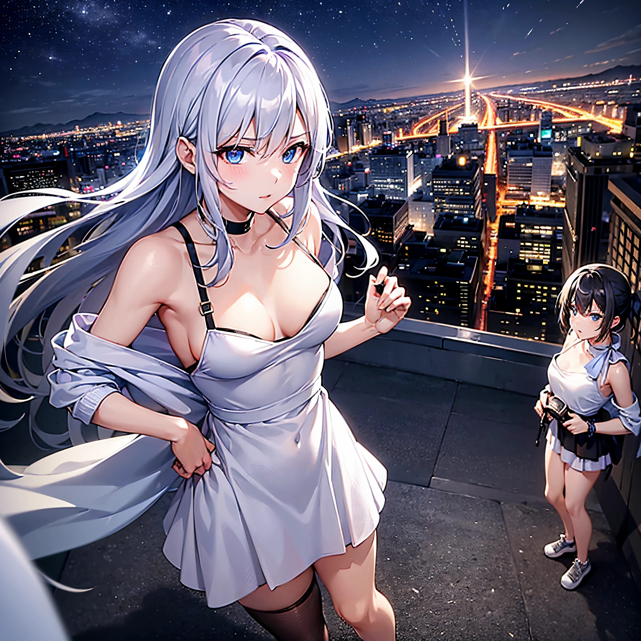 This is the rooftop of a skyscraper in Tokyo.、It&#39;s late at night now.、You can see the night view of many low buildings in the background.、Small moon and starry sky、You can see the beautiful sea with the moonlight reflecting in the distance.、Photograph her from an angle of 45 degrees above、One 27-year-old woman with small breasts、adult lady、Older sister、She wears a large black witch hat with sapphire accessories、Medium short silver hair with a purple mesh and a loose lob.、He is looking at me with a cool face and confused eyes.、Blue eyes with highlights、She is wearing a long black coat over a white t-shirt、White camisole、White bra、White bath towel、Black pleated skirt、Black sneakers with white shoelaces、she is a sniper、she carries a sniper rifle on her back、small tits、discreet breasts、full-shot、hiquality、High Details、high-level image quality、4K picture quality、beatiful backgrounds