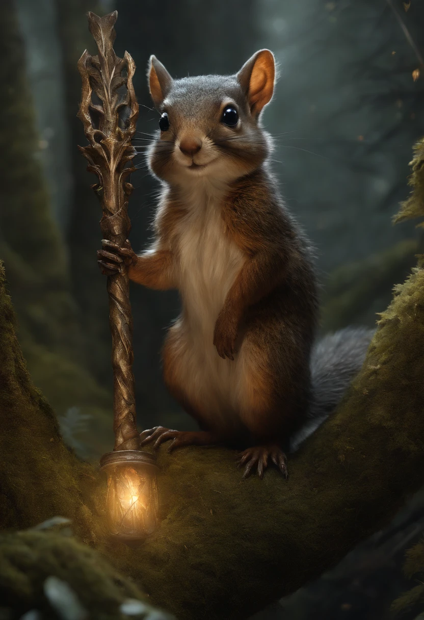 illustration of a little magical cute forest creature. The creature IS holding a spear. fantasy art, intricate details, style Jean - Baptiste Monge, style Alan Lee, anthropomorphic squirrel , scene from a movie, dramatic shot angle, atmospheric particles, Real, raw cinematic photorealism, action portrait, 8k, detailed, centered, full frame