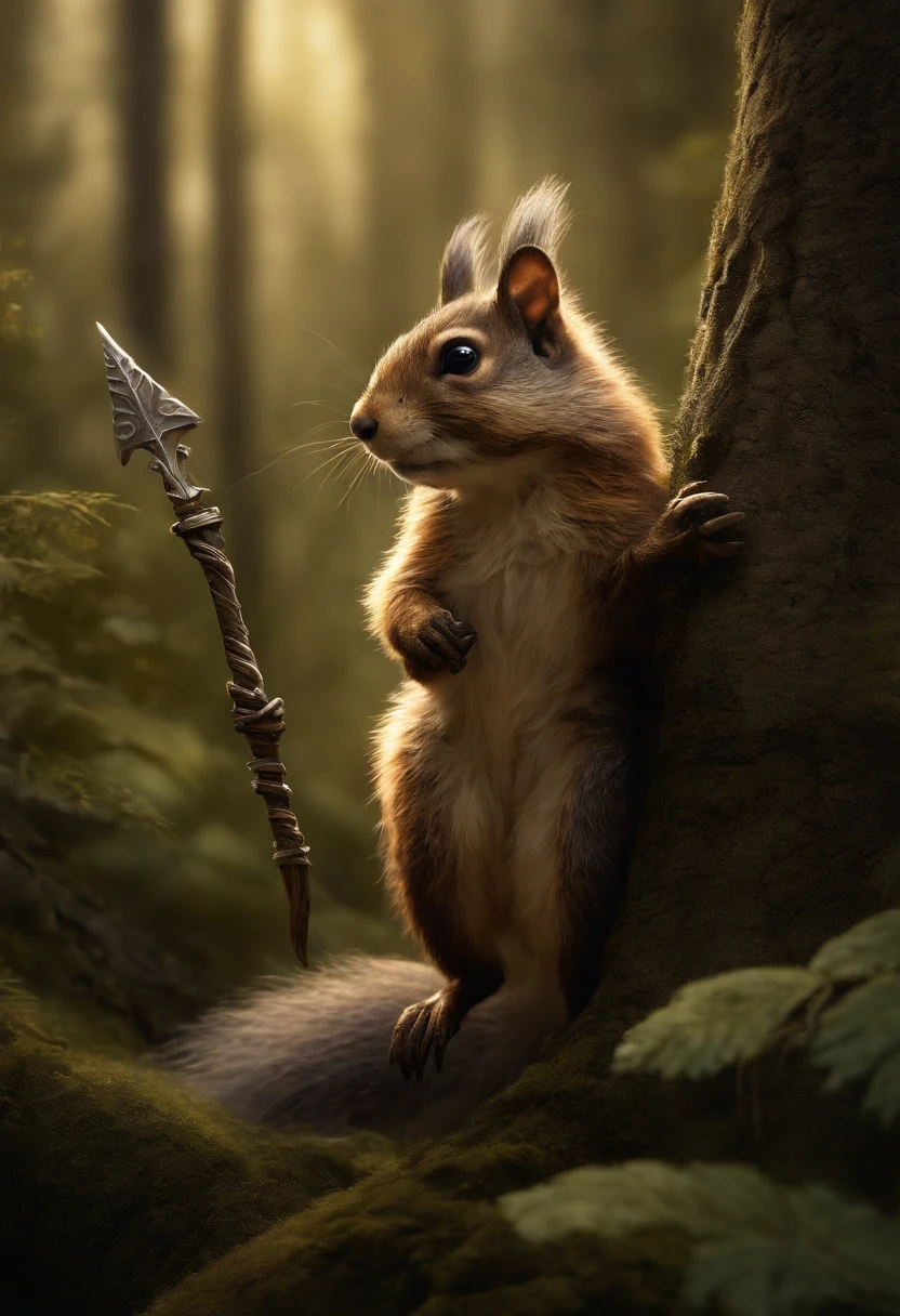 illustration of a little magical cute forest creature. The creature IS holding a spear. fantasy art, intricate details, style Jean - Baptiste Monge, style Alan Lee, anthropomorphic squirrel , scene from a movie, dramatic shot angle, atmospheric particles, Real, raw cinematic photorealism, action portrait, 8k, detailed, centered, full frame