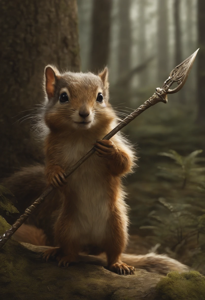 illustration of a little magical cute forest creature. The creature IS holding a spear. fantasy art, intricate details, style Jean - Baptiste Monge, style Alan Lee, anthropomorphic squirrel , scene from a movie, dramatic shot angle, atmospheric particles, Real, raw cinematic photorealism, action portrait, 8k, detailed, centered, full frame