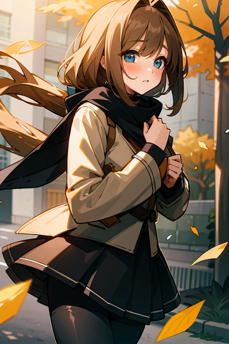 (looking at mushroom:1.1), highly detailed beautiful eyes, 1girl, kawaii, embarrassed, blush, floating long hair, skirt, wind lift, scarf, duffel coat, pantyhose, Autumn leaves are fluttering down in the wind, masterpiece, best quality, high resolution, highly detailed,