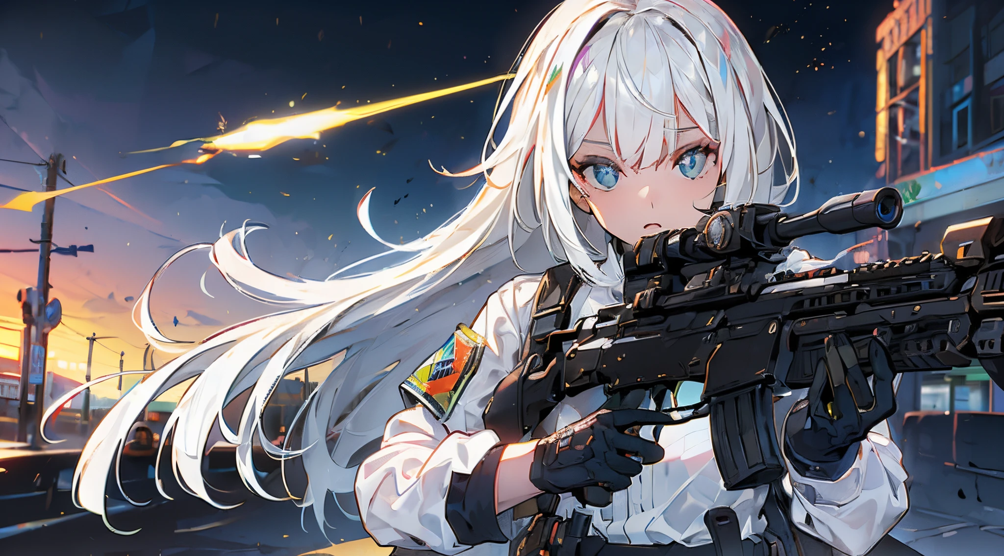((obra-prima: 1.5,melhor qualidade: 1.3)) girl in dark military clothes with assault rifle in a military operation in a city at night( 1 mulher, foco solo, mulher baixa, rosto delicado, expression would be, rosto e olhos de anime extremamente detalhados, olhos vermelhos, cabelo branco, olhos brilhantes, arma extremamente detalhada)