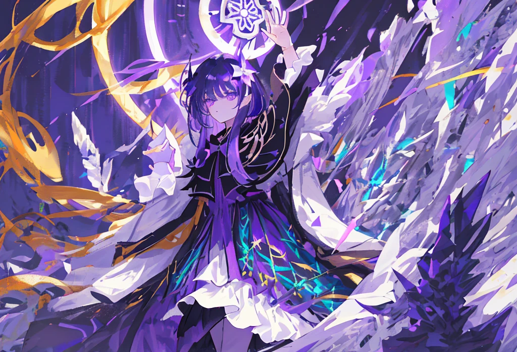 1girl, fringe, dark eyes, eye shadow, in a purple and transparent robe, Woman waving her hands in the air, bubbles, Dark Purple Wind, dark aura, luminous skin, night time, Blue & Purple sky, dark shadows, twin drills, Shiny hair, Dark halo, glowing eyes, Detailed background, water:1.2, Flowers:1.2, Masterpiece, 8K, woods、Natural background, like a, For example, shore of the lake、Efficient use of light and shadow、 Realistic & ultra realisic, kindness,  extremely detail, (Colorful:1.1), (Colorful Background1:1), (#30B3FF:1.5), (#FA52F4:1.1), Dance with Unearthly Creatures, Tarot symbols, bird、bee、