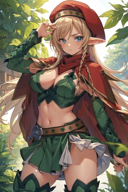 (masutepiece, Best Quality:1.2), Cowboy Shot, Solo, 1girl in, alleyne, elf, deadpan, Looking at Viewer, Side braid, beret, Cape, Skirt, thighs thighs thighs thighs, green footwear, Thigh boots, elbow groves, Midriff, cleavage