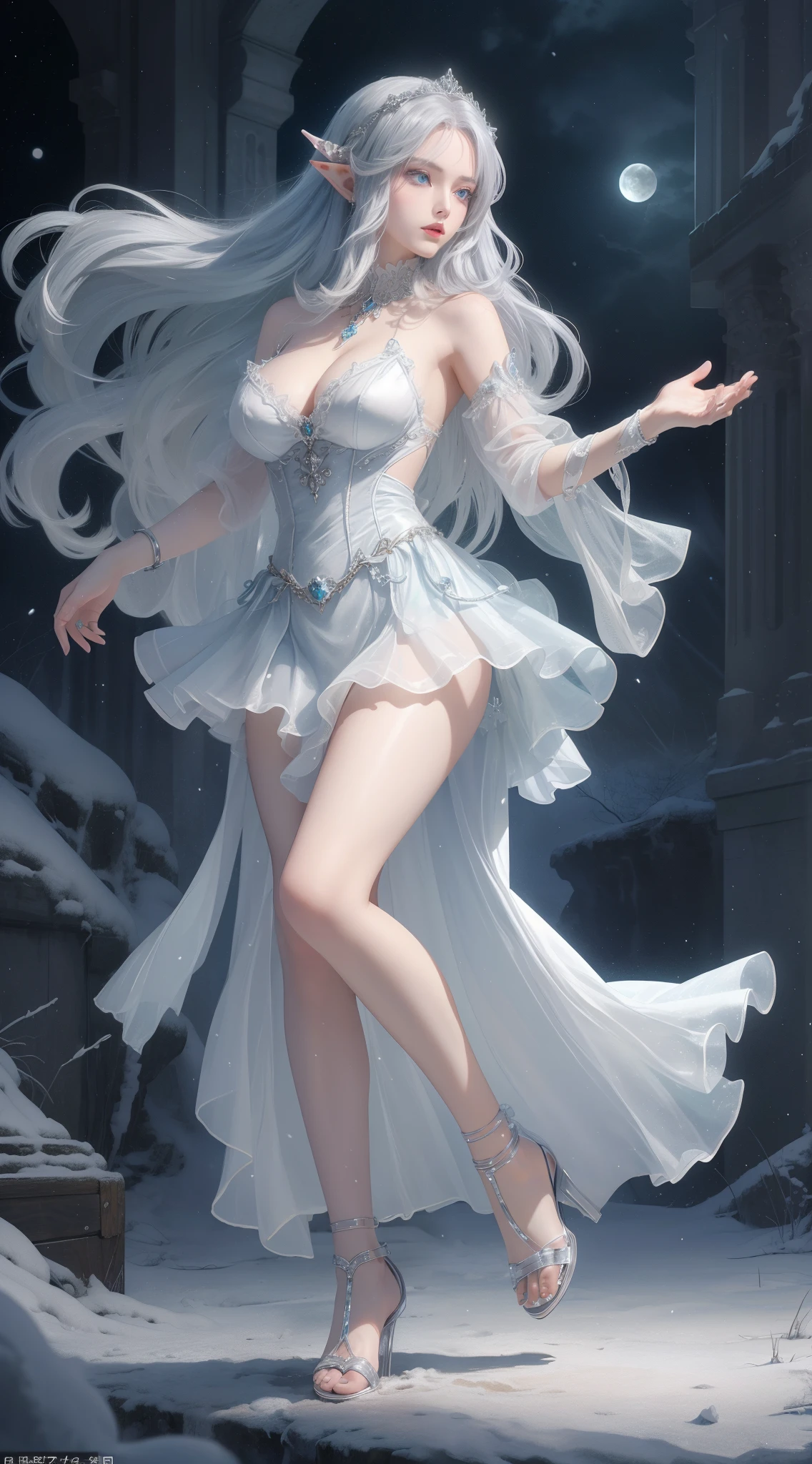 tmasterpiece,Highest image quality,Beautiful full body portrait of noble elf girl,Delicate silver hairstyle,clear sky blue eyes,Various well-made jewelry gauze skirts,heeled sandals,snowy desert,Moonlight super detailed,advanced。At the Pixiv Art Station,Break your own power,Luigi,Big breasts exposing cleavage,R-18G