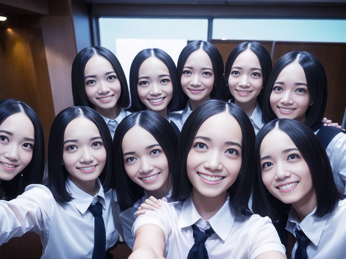 a picture、multiple girls,5girls、Same face, matching school uniform、5 cute girls with long black hair and big breasts、a smile、selfee、‎Classroom、Raw photo、The same face、same person