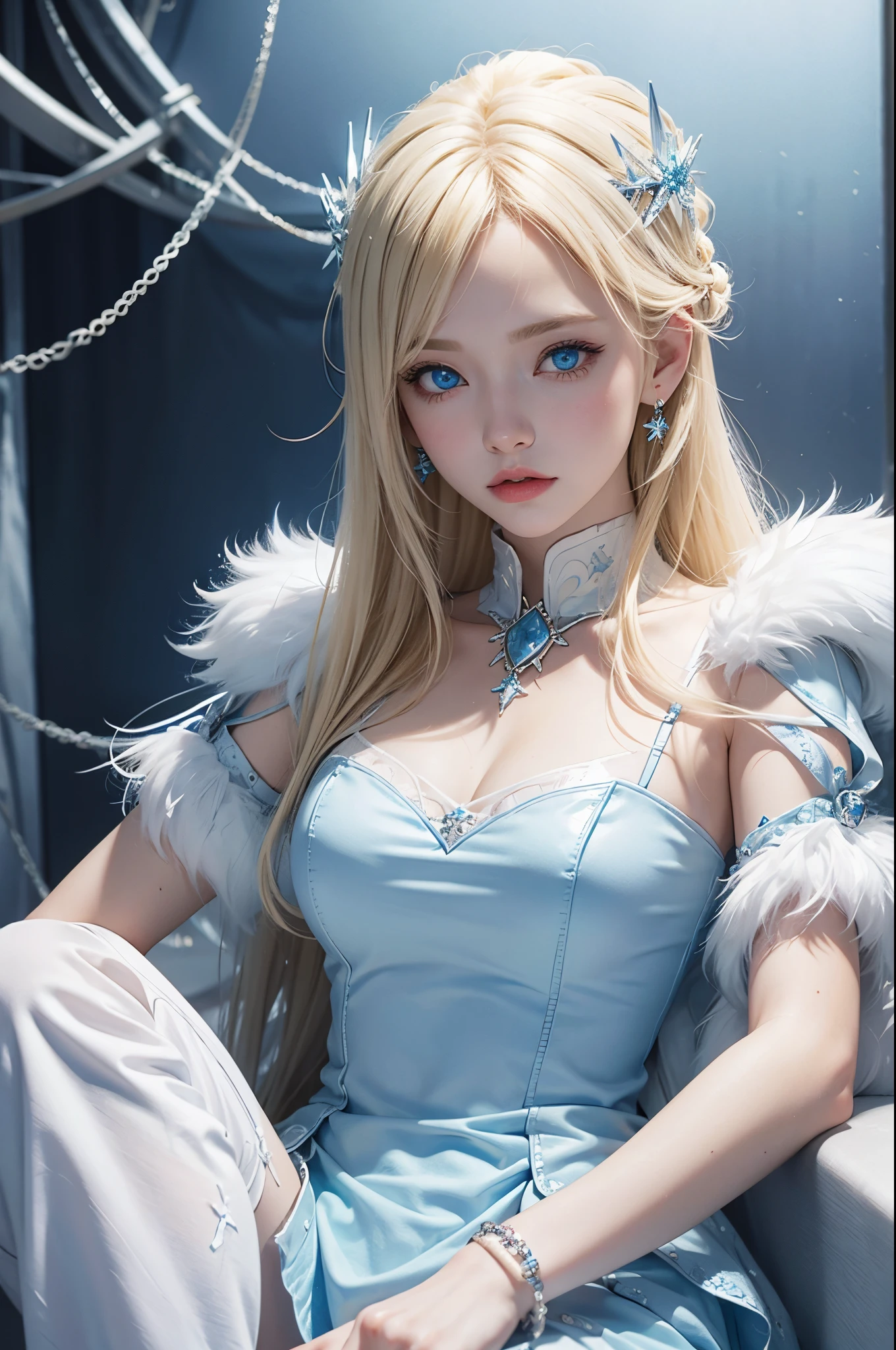 a close up of a woman in a blue dress, amouranth, better known as amouranth, with pale skin, smooth pale skin, young beautiful amouranth, porcelain pale skin, amouranth as a super villain, pale porcelain white skin, she has pale blue skin!!!, soft pale white skin, very beautiful elven top model