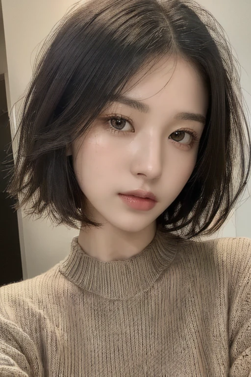 (masterpiece:1.3), (8k, photorealistic, RAW photo, best quality: 1.4), (1girl), beautiful face, (realistic face), (black hair, short hair:1.3), beautiful hairstyle, realistic eyes, beautiful detailed eyes, (realistic skin), beautiful skin, (sweater), absurdres, attractive, ultra high res, ultra realistic, highly detailed, golden ratio