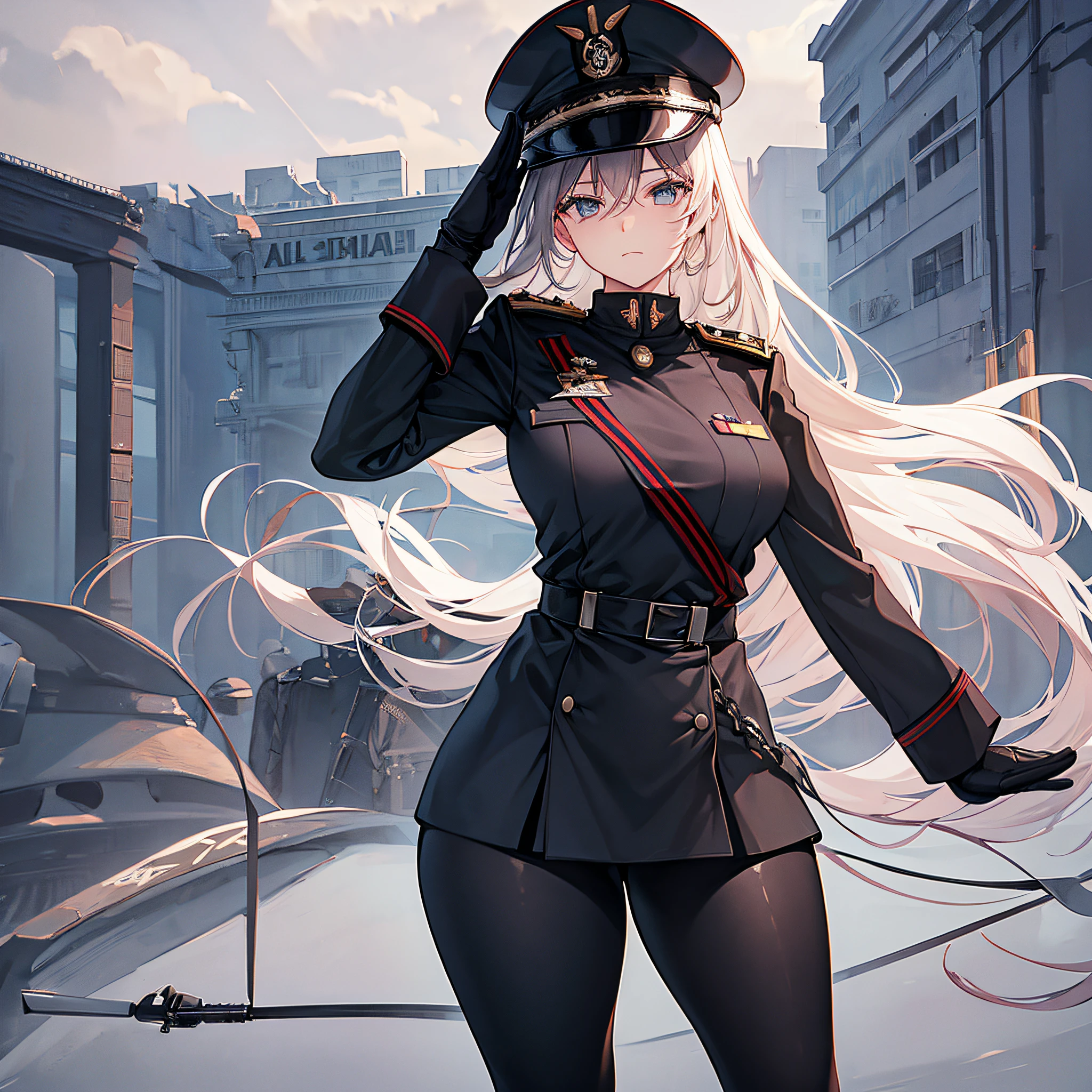 1 woman, ruthless dictator, saluting in uniform, strict face, uniform, cloudy, fascist military regime, black leggings, tall, curvy