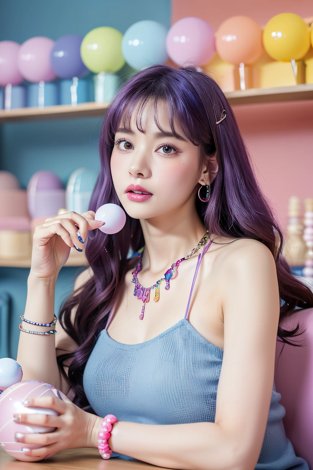 (extra detailed body、extra detailed face、best qualtiy:1.2)、femele、looking at the viewers、(Dragog Queen、Purple hair、Fancy Necklaces、piercings、makeups)、(Light blue shelves on background、Pink table、Colorful sofa、5 colorful balance balls:1.4)